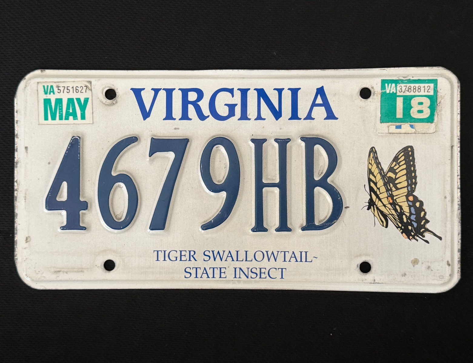2018 Virginia License Plate 4679HB ........ TIGER SWALLOWTAIL STATE INSECT