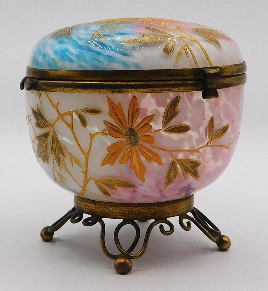 ANTIQUE MOSER OPALINE RAINBOW ARTGLASS ENAMEL GILT FLORAL BRASS MOUNT CASKET BOX