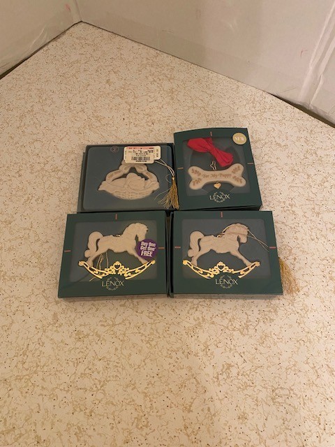 Lenox Vintage Christmas Ornaments Lot of 4 - 1994 Rocking Horses, Cat & Dog - Us