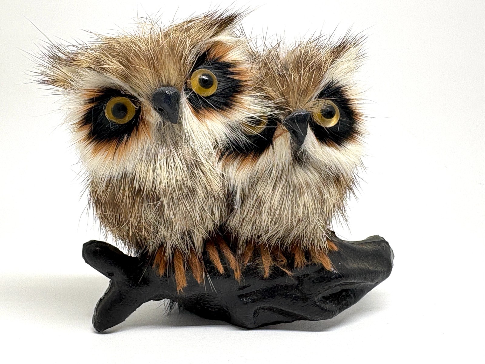 Vintage Set Of 2 Owls On A Branch Fur Horned Owls