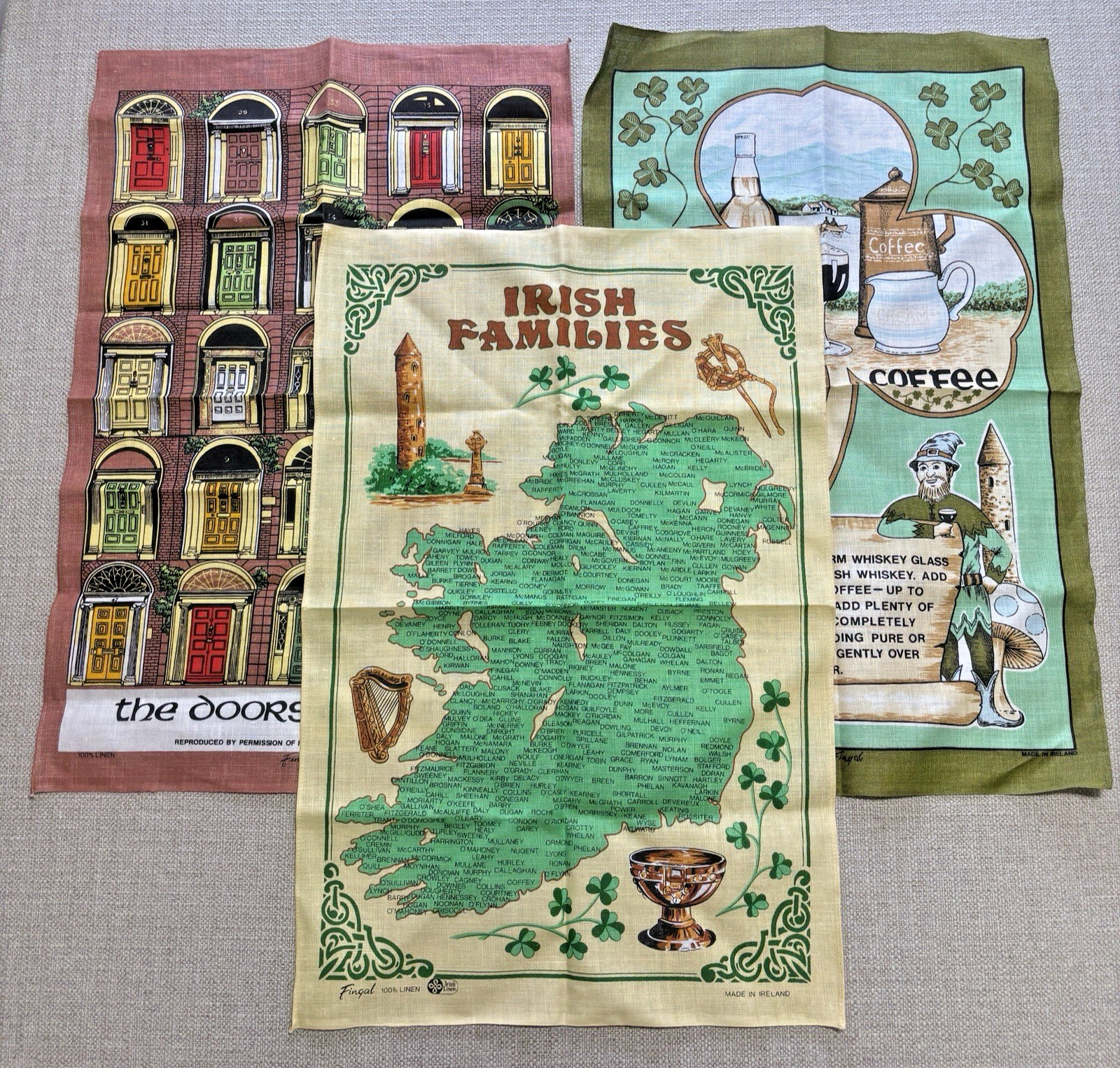 Lot 3 Vintage Fingal Irish Linen Tea Towels Doors of Dublin Map Ireland Coffee 