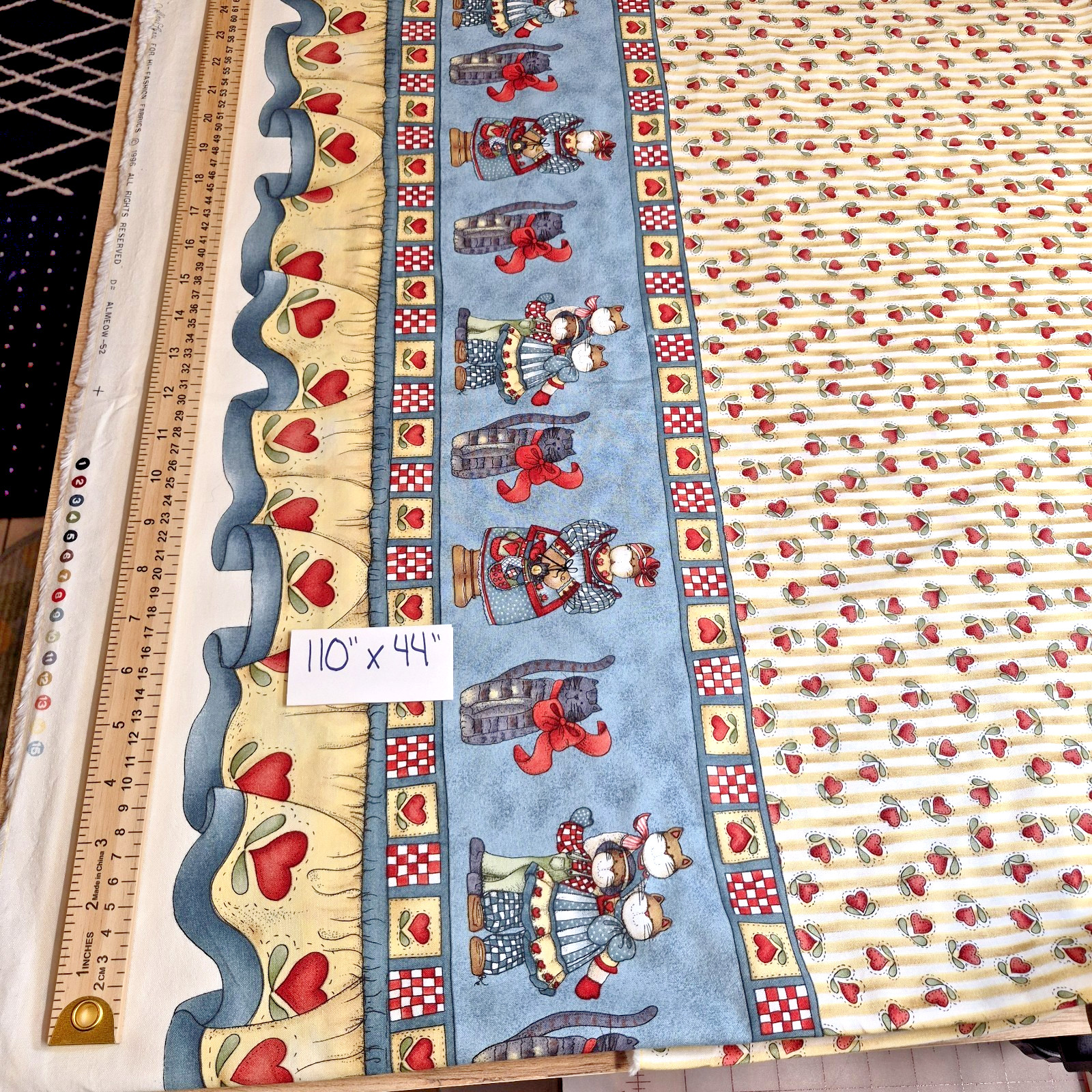 Vintage 1986 Cotton Fabric Country Cats Hearts Stripes Blue Border 110” x 44”