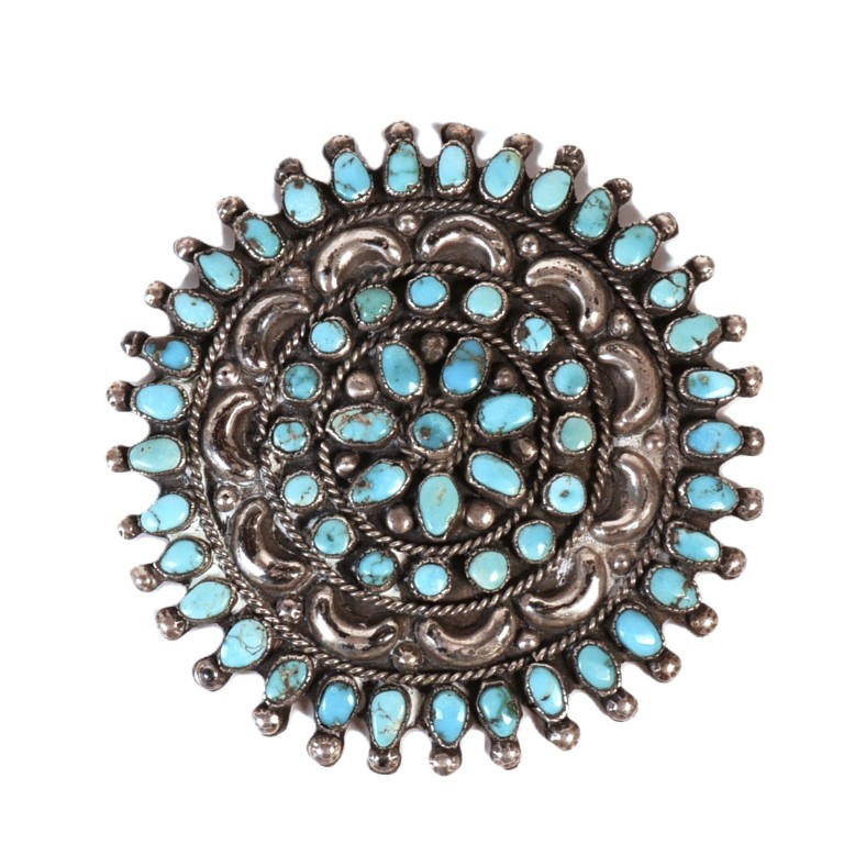 Zuni Pueblo Sterling Silver and Turquoise Brooch ca. 1960-1975  2.75\