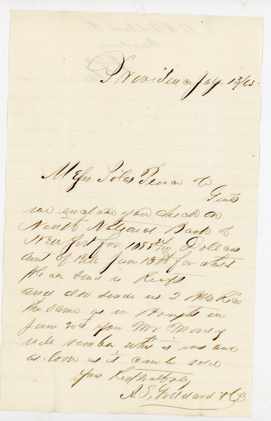 1865 Providence RI Letter W/ Ninth National Bank NY Check Ref A S Goddard Co