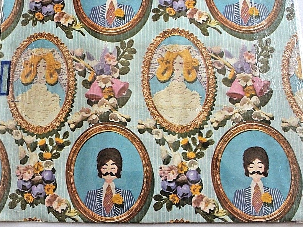 Vtg Gift Wrap Wrapping paper Bride Groom MCM Wedding Sealed 70's Mod NOS Groovy