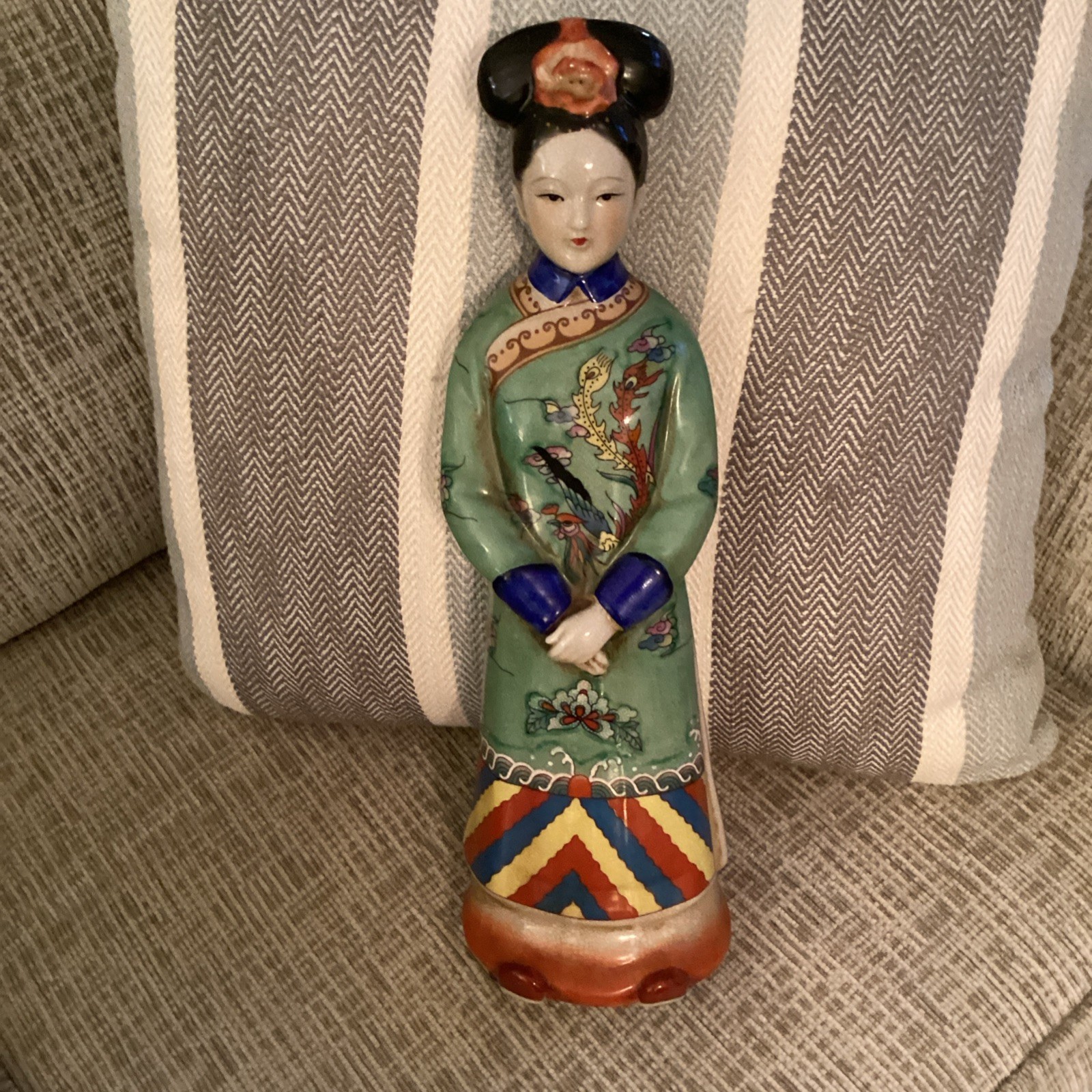 Chinese Ceramic Female Figure Green Robe Collectible Statue Made in China