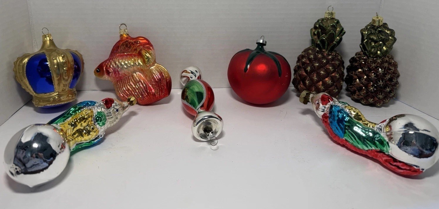 8 Vintage BLown Glass Ornaments Lot Poland/West Germany/Italy Goldfish/Parrots