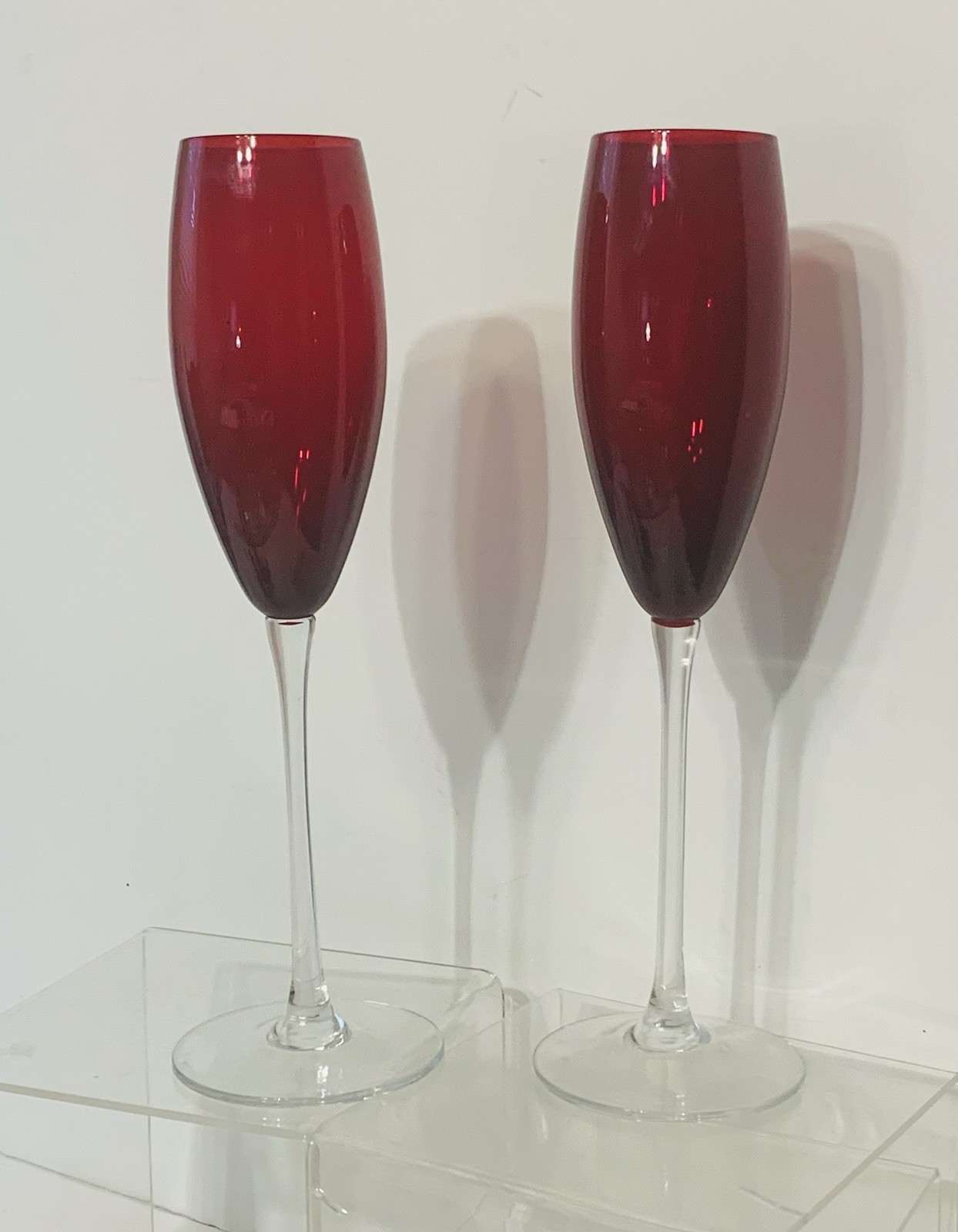 VTG Ruby Red Stemmed Glass Champagne Flute Set Tapered tall Barware 2-Pc 10 in