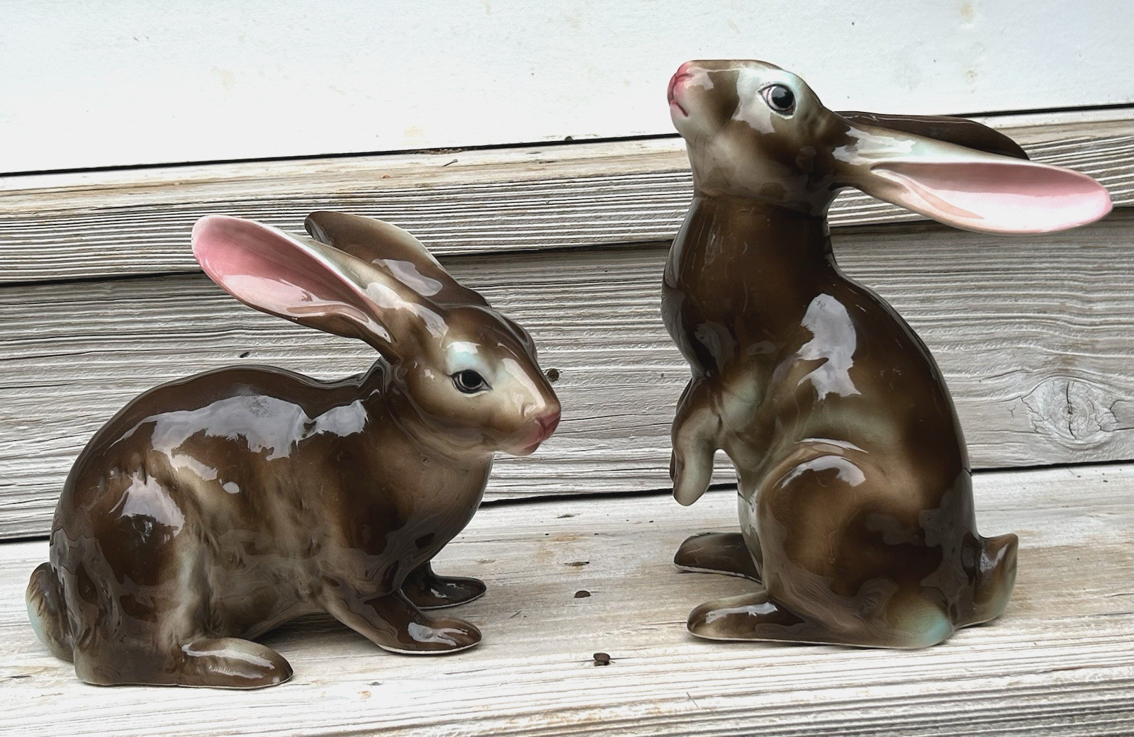 Large Pair Vintage Porcelain Rabbit Figurines Japan Brown Rabbits