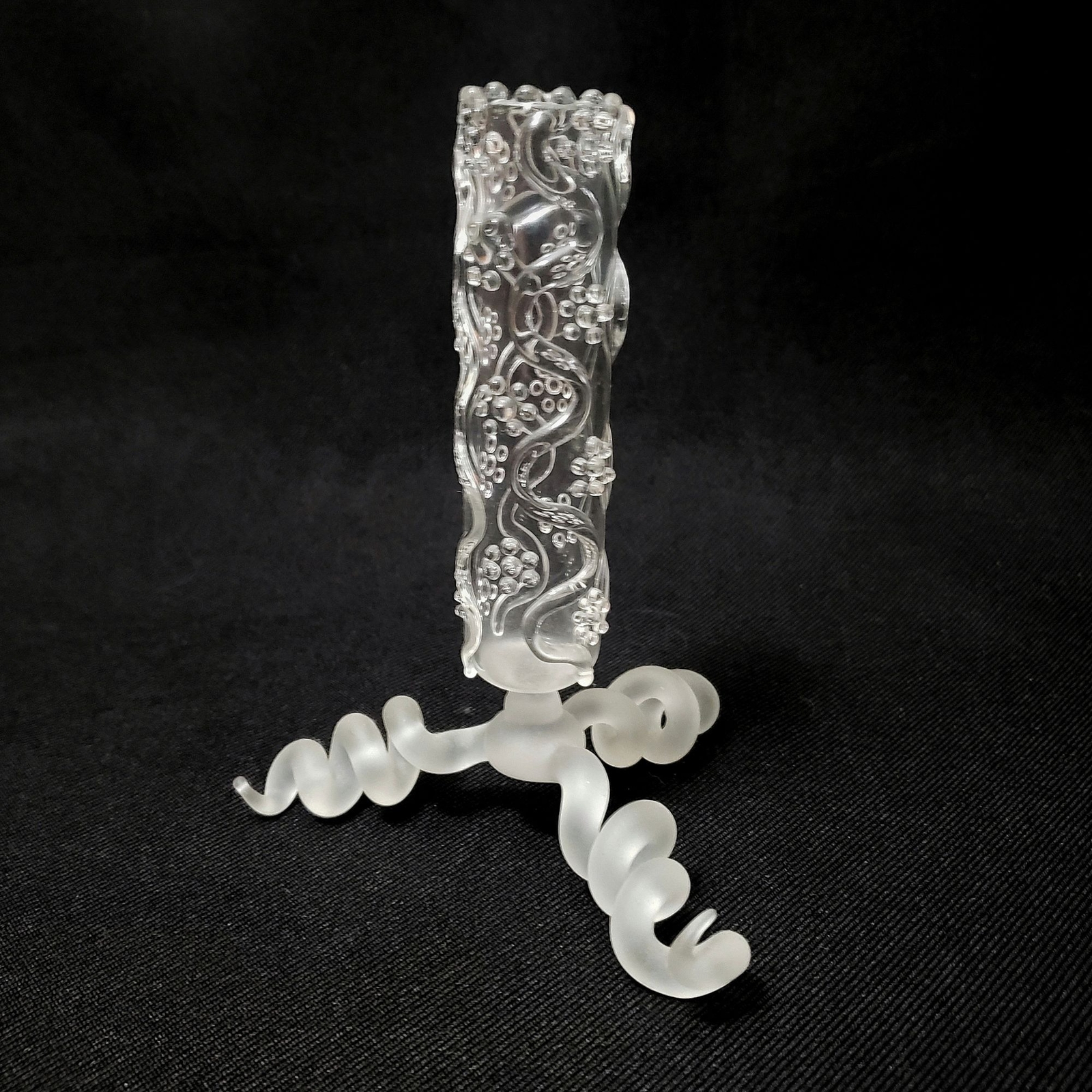 Vintage Frosted Glass Spiral Bud Vase Intricate Floral Embossed Tripod Base Art