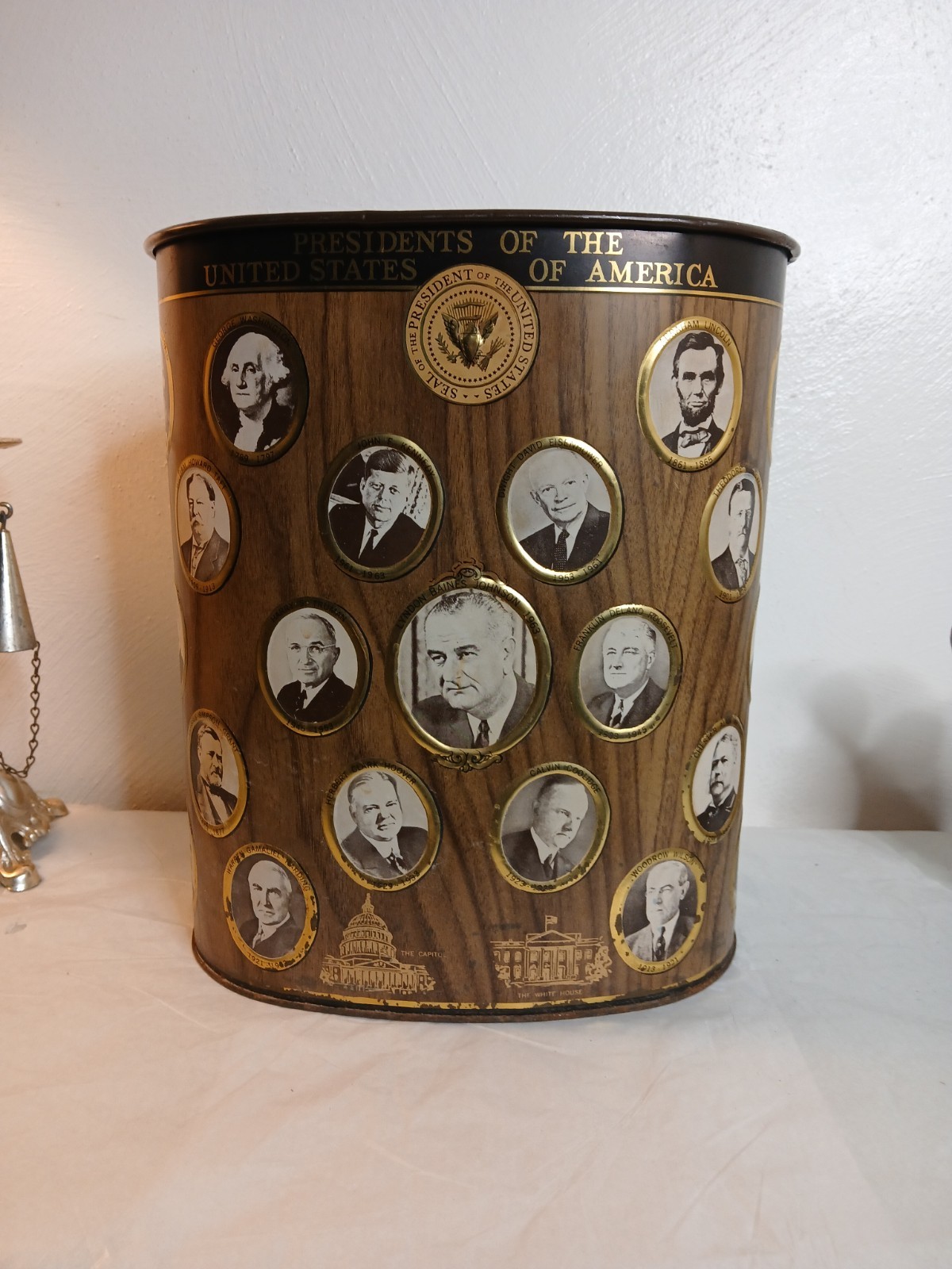 Vintage WEIBRO Embossed Tin PRESIDENTS Trash Garbage Can 1960's USA Mcm Jfk Vintage WEIBRO Embossed Tin PRESIDENTS Trash Garbage Can 1960's USA Mcm Jfk