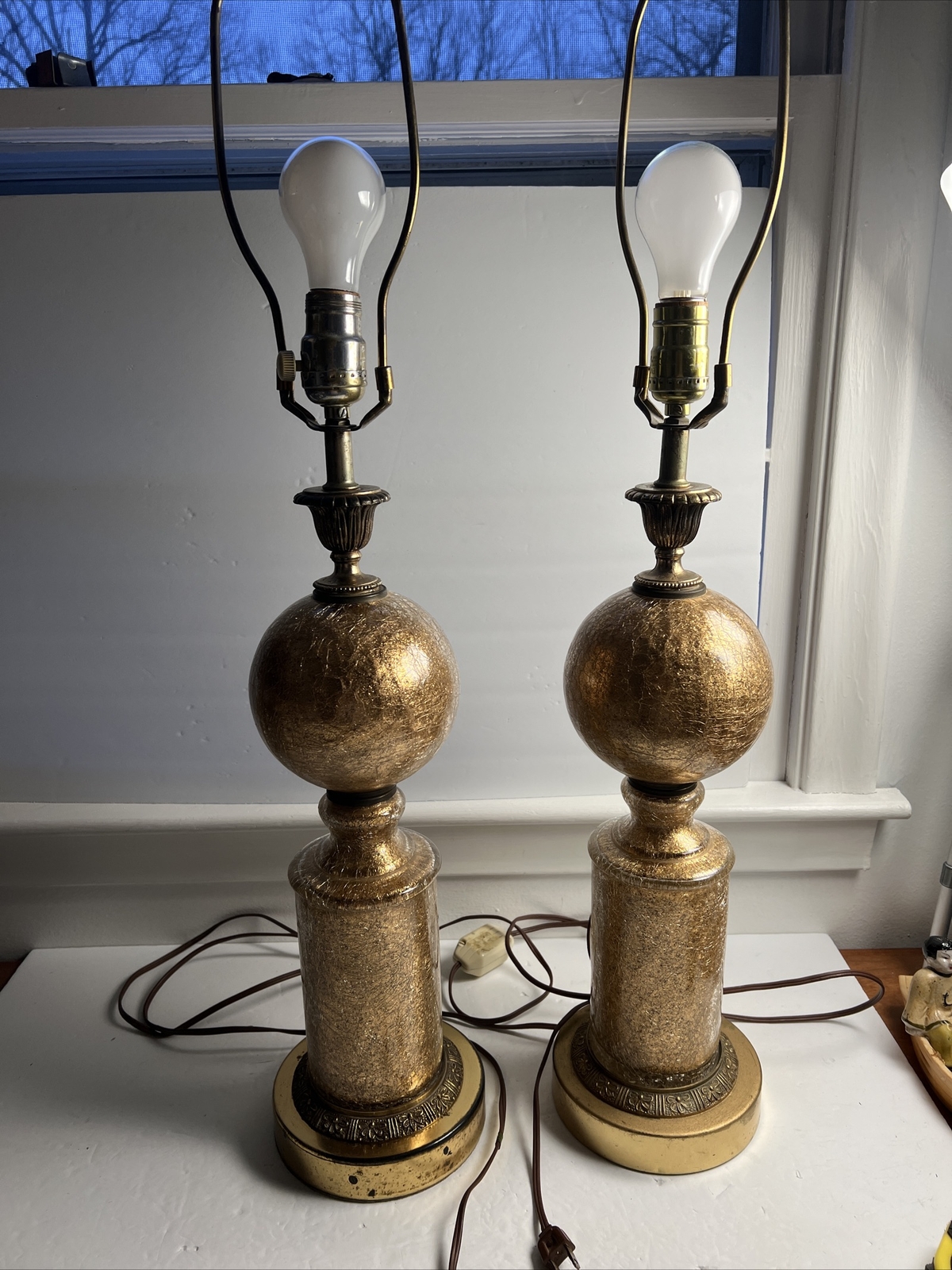 VTG HTF Pair Art Deco Eglomise CRACKLE GLASS GOLD TABLE LAMPS  Numbered