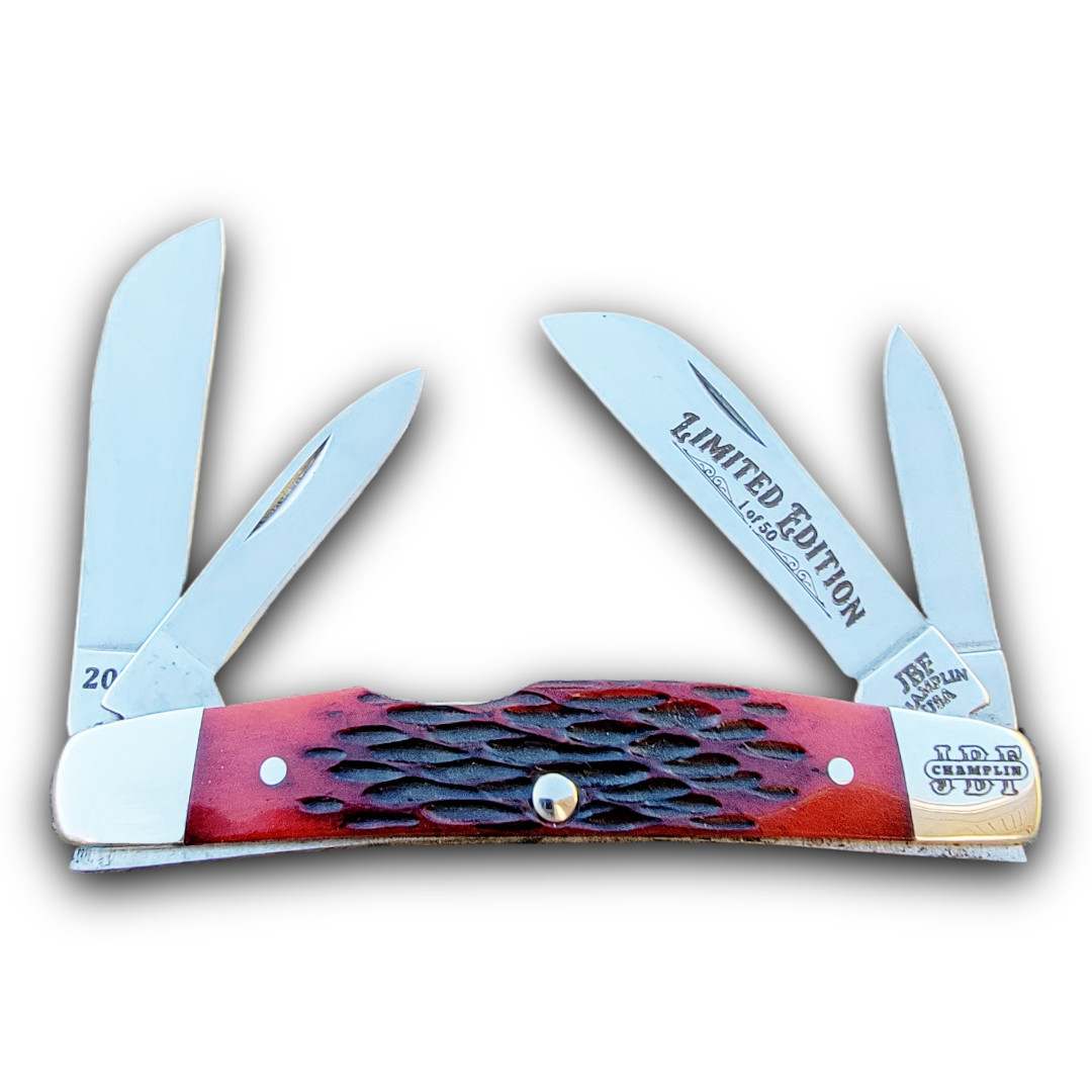 J.B.F. CHAMPLIN CUTLERY KNIVES USA 2026 CATALINA RED JIGGED BONE CONGRESS KNIFE
