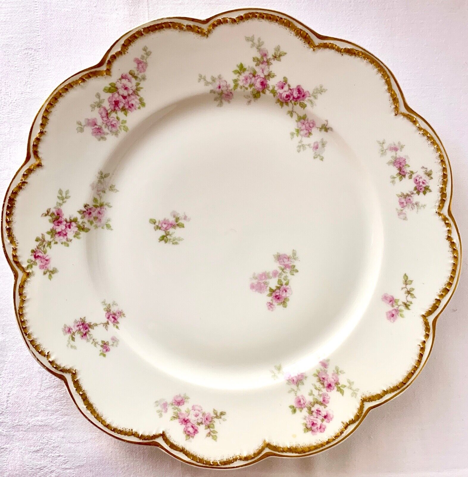 THEODORE HAVILAND LIMOGES DOUBLE GOLD DINNER PLATE, PINK ROSES, BLANK 11