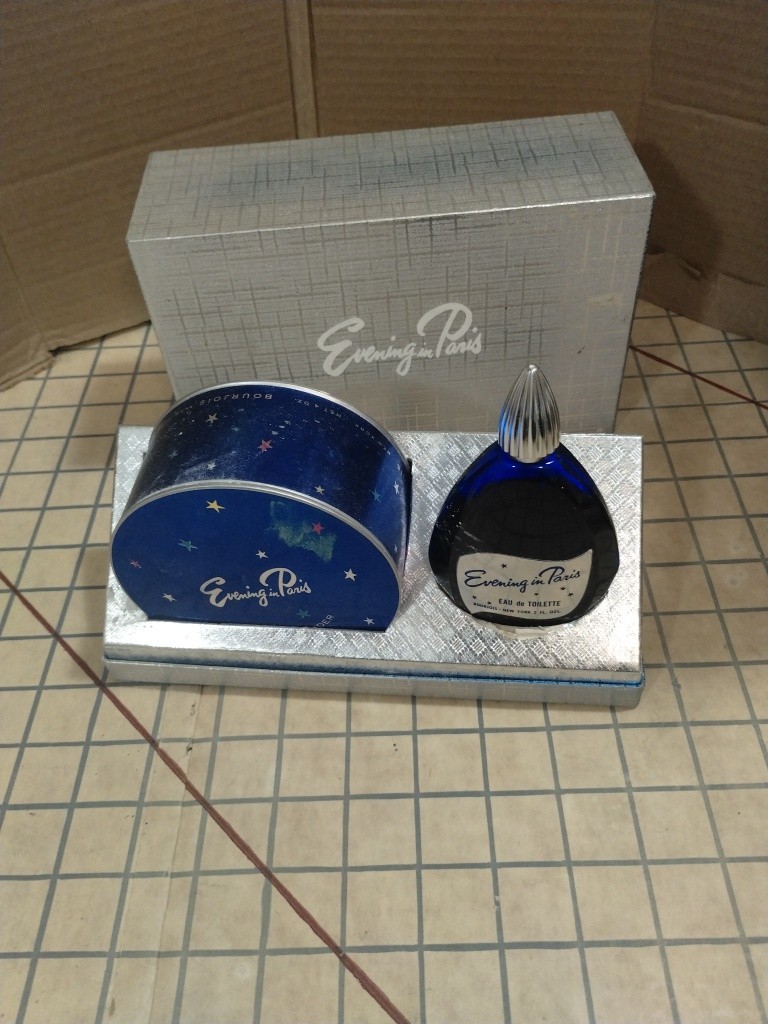 Evening In Paris Vintage Bourjios Perfume Talcum Cobalt Blue Gift set silverbox