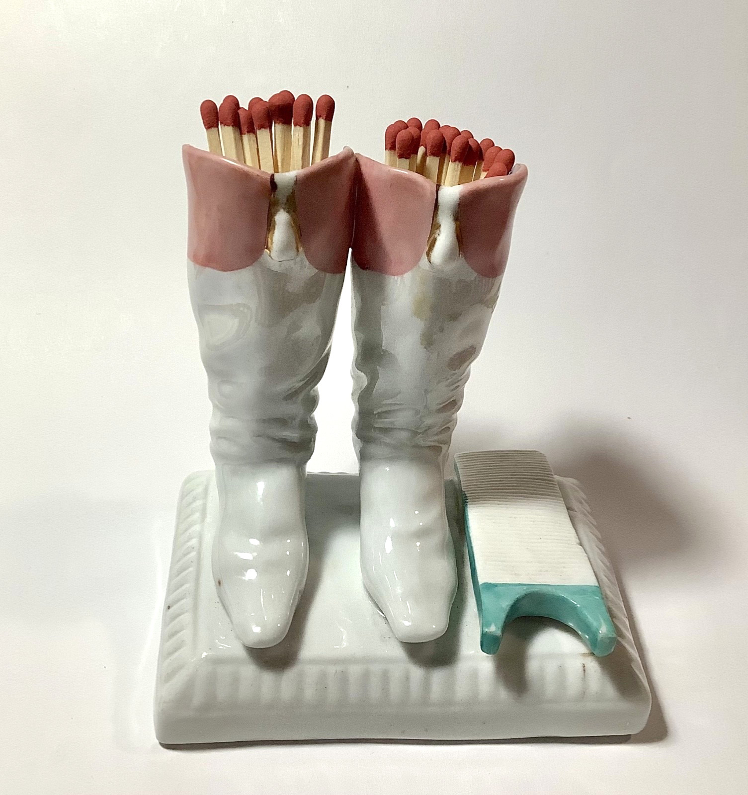 Antique German Porcelain Riding Boots & Boot Jack Match Stick Holder Striker