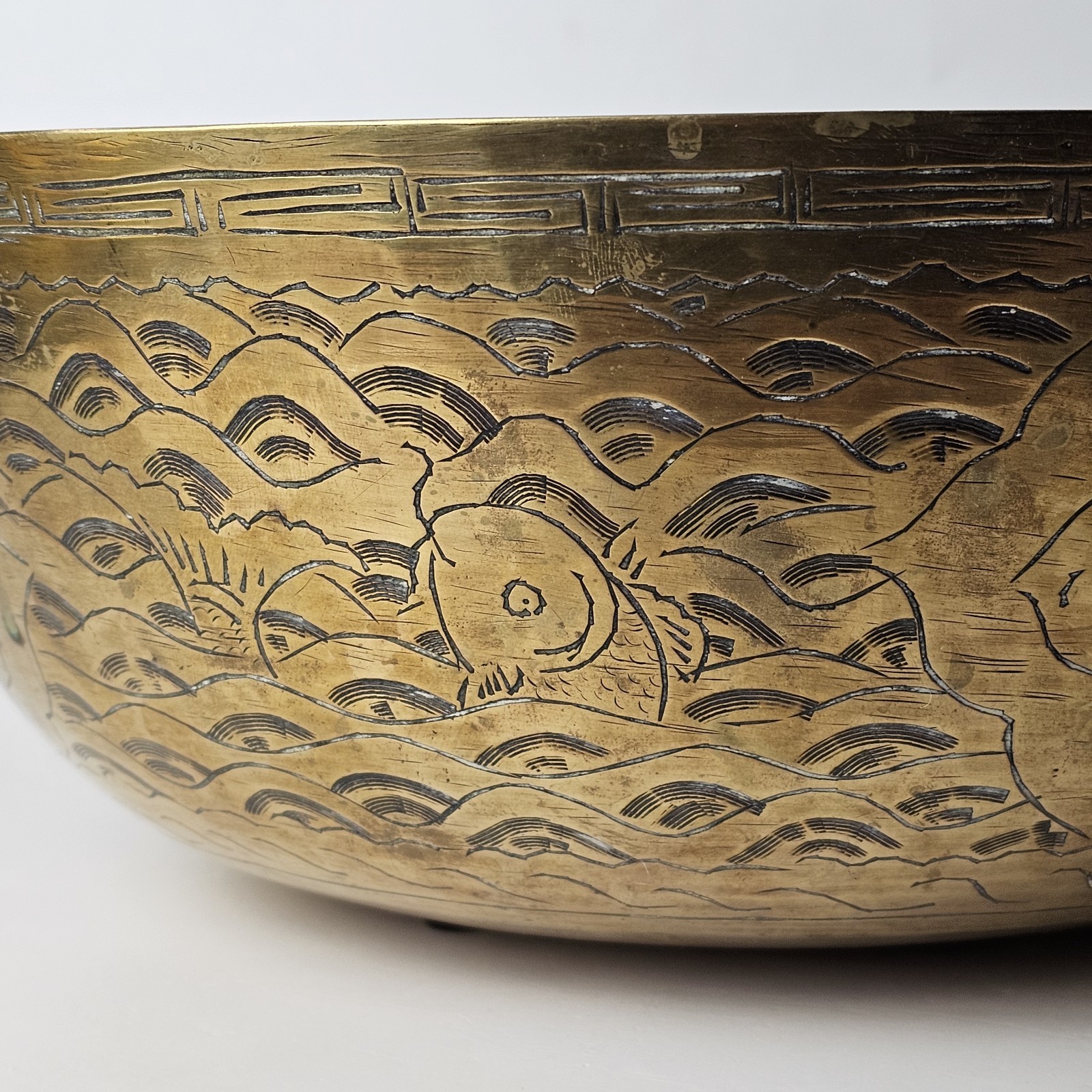 Antique Chinese Brass Engraved Dragon & Fish Motif Marked