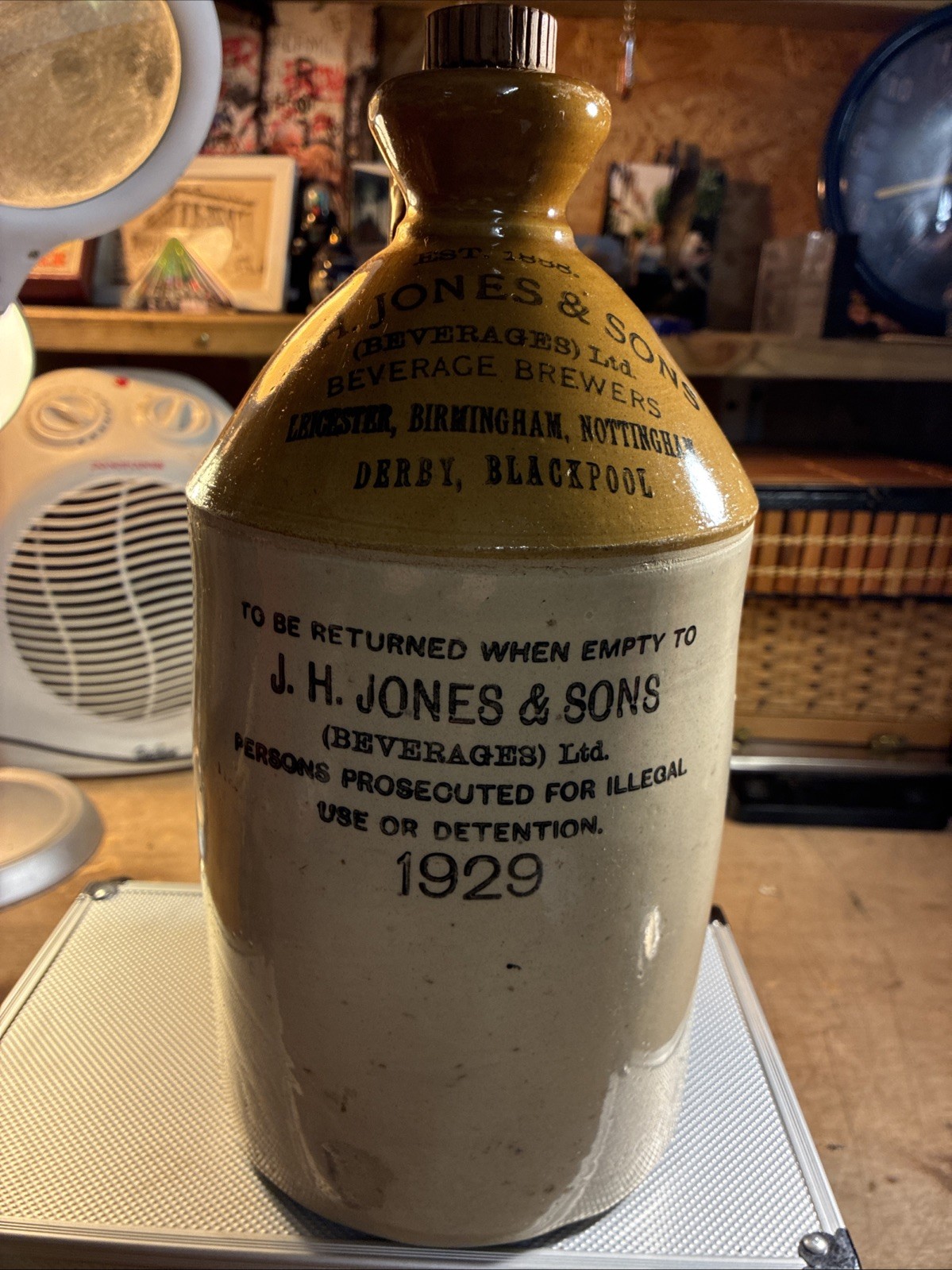 VINTAGE J.H. JONES & SONS STONEWARE FLAGON 1929 LEICESTER BIRMINGHAM NOTTINGHAM