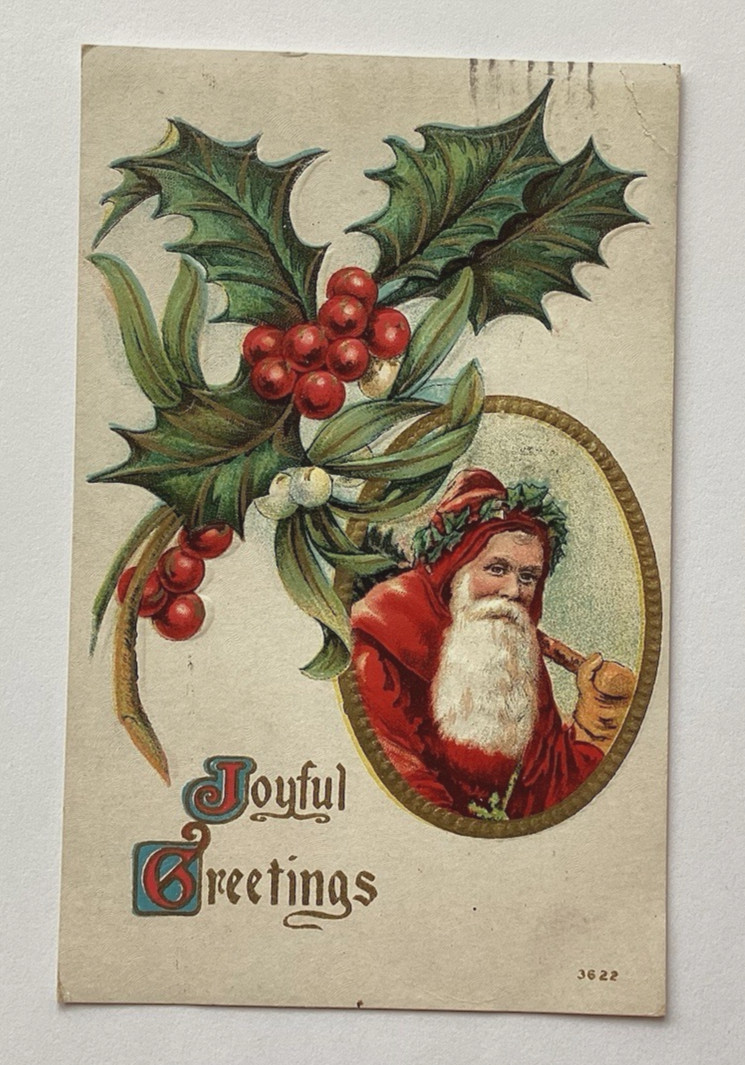 Vintage 1910 Christmas Postcard SANTA CLAUS HOLLY BERRIES Embossed Stamped Used Vintage 1910 Christmas Postcard SANTA CLAUS HOLLY BERRIES Embossed Stamped Used