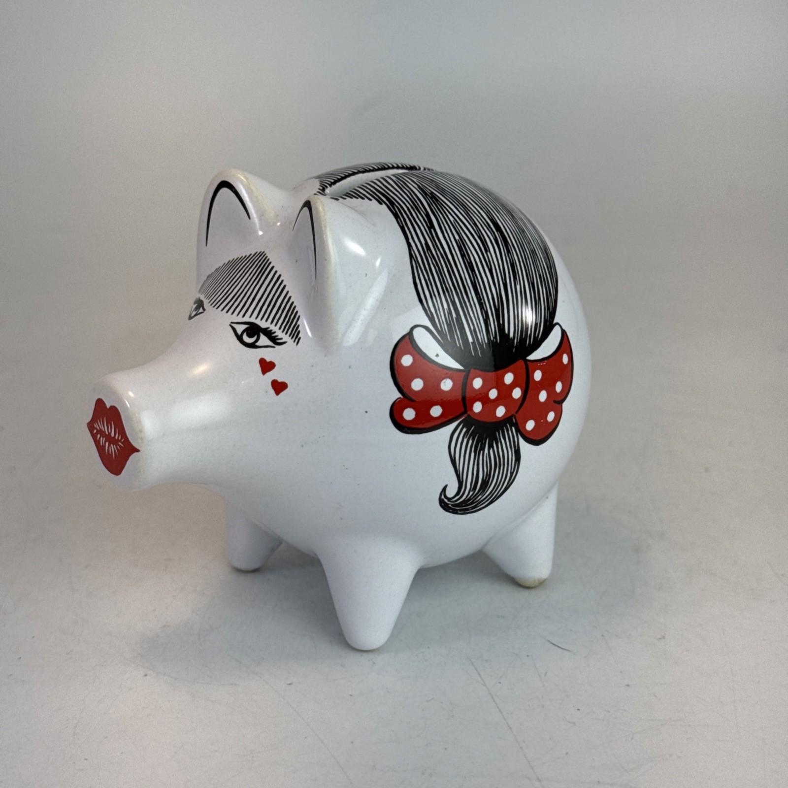Vintage Wächtersbach Pucker Up Piggy Bank Ceramic Girl Face Red Bow West Germany