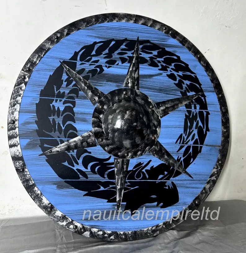 Medieval Viking Round Shield Blue Serpent Norse Warrior Shield Wood Iron Stick