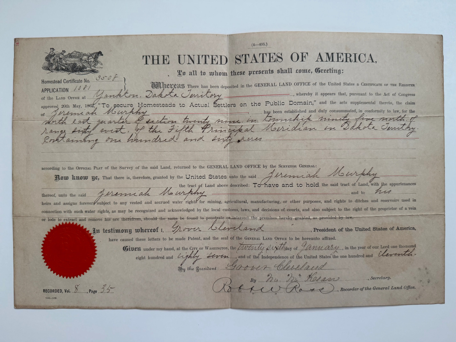 1887 Dakota Territory Homestead Patent — 160-Acre Pioneer Farm Issued Under the
