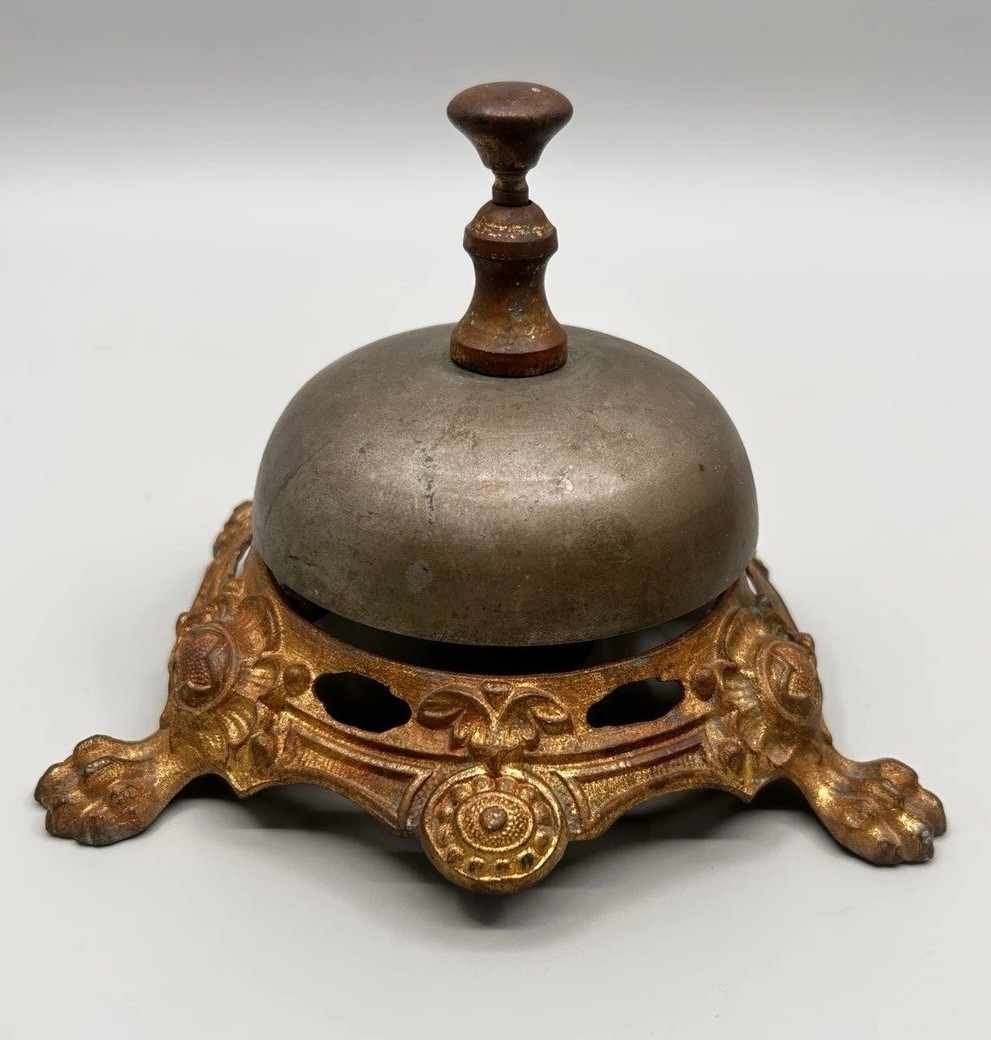 Victorian Cast Gilt-Metal Desk Counter Call Bell, c. 1870–1874 Signed and Dated