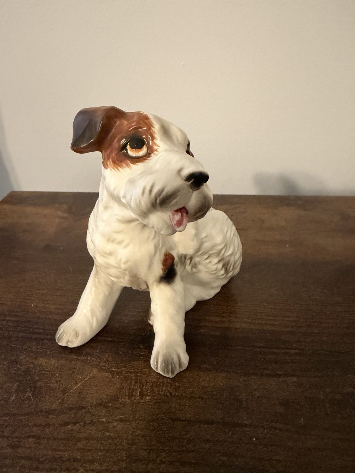 Vintage Terrier Puppy Dog Figurine Porcelain Ceramic Brown White Tongue Out 4”