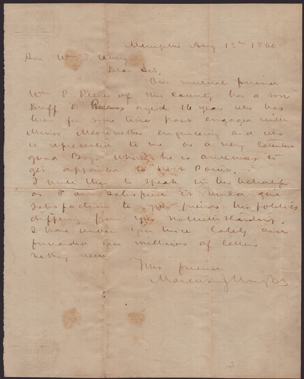 MARCUS J. WRIGHT - AUTOGRAPH LETTER SIGNED 08/13/1860