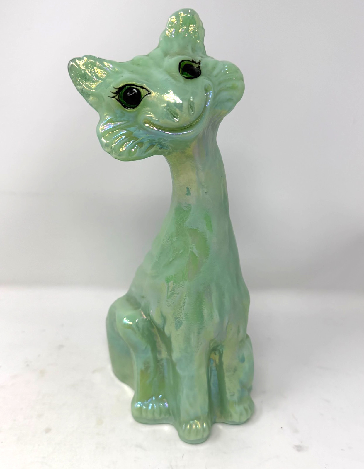 Fenton Happy Cat Sea Mist Signed Kim Barley G.S.E. 2013