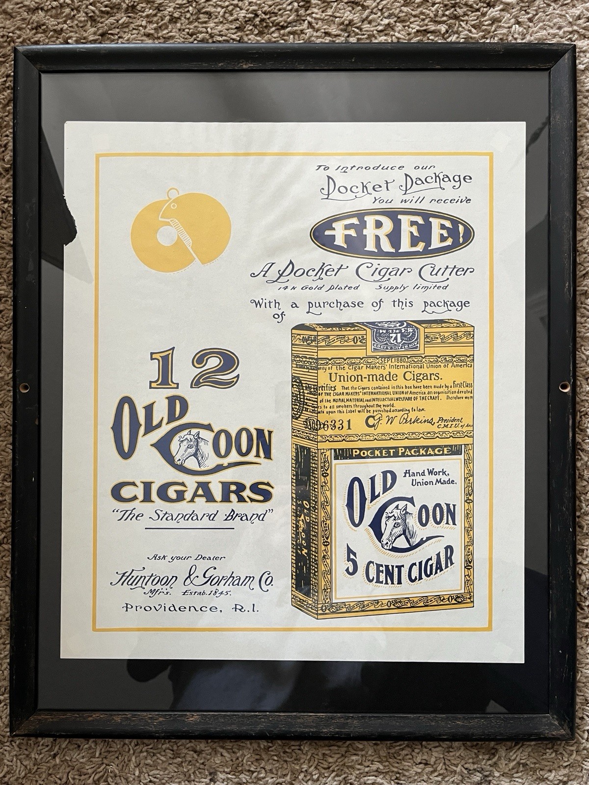 Vintage Old Coon Cigars Paper Advertisement - Framed