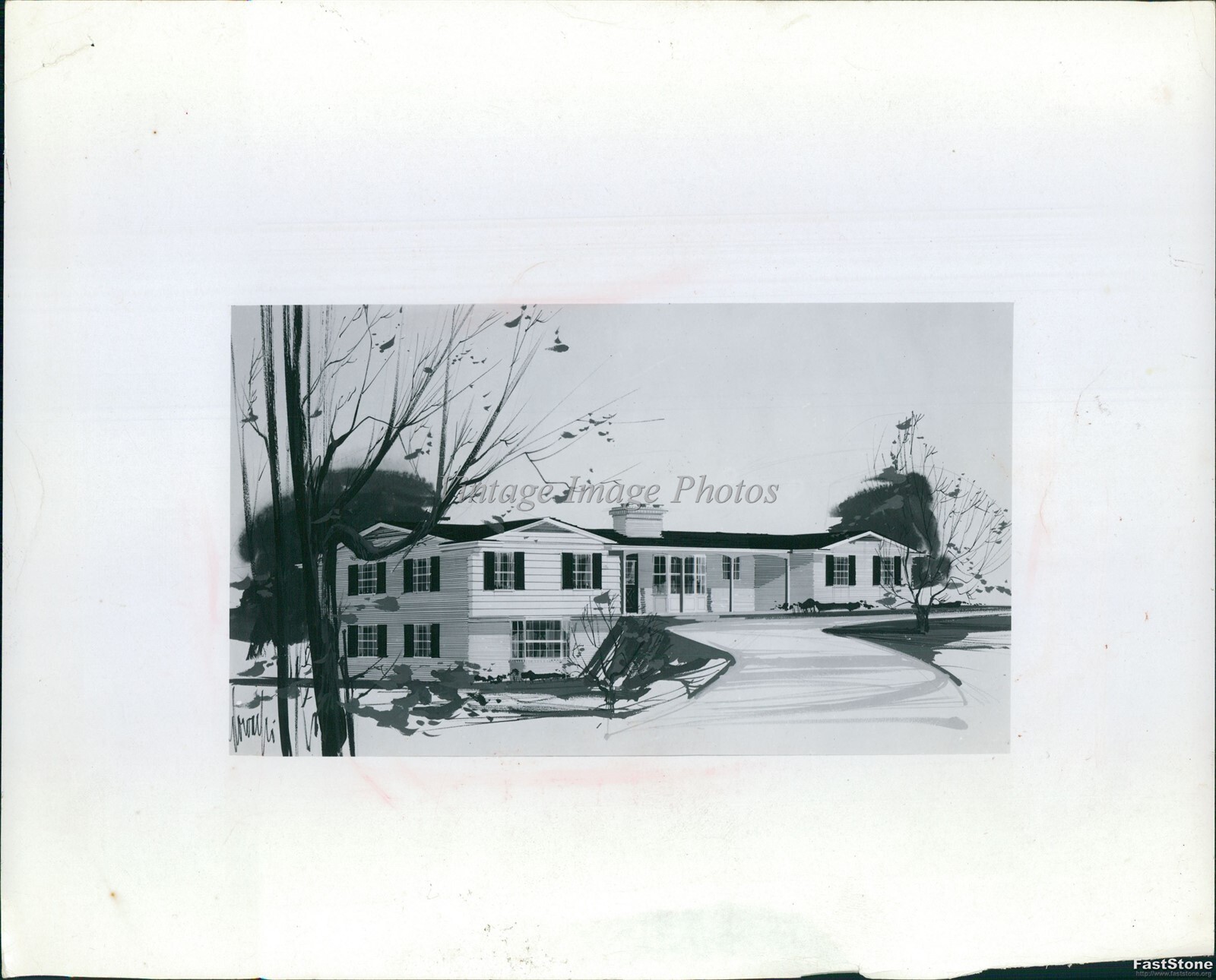 1967 Cleveland Press White Split Level House Black Shutters Snow Pond Photo 8x10