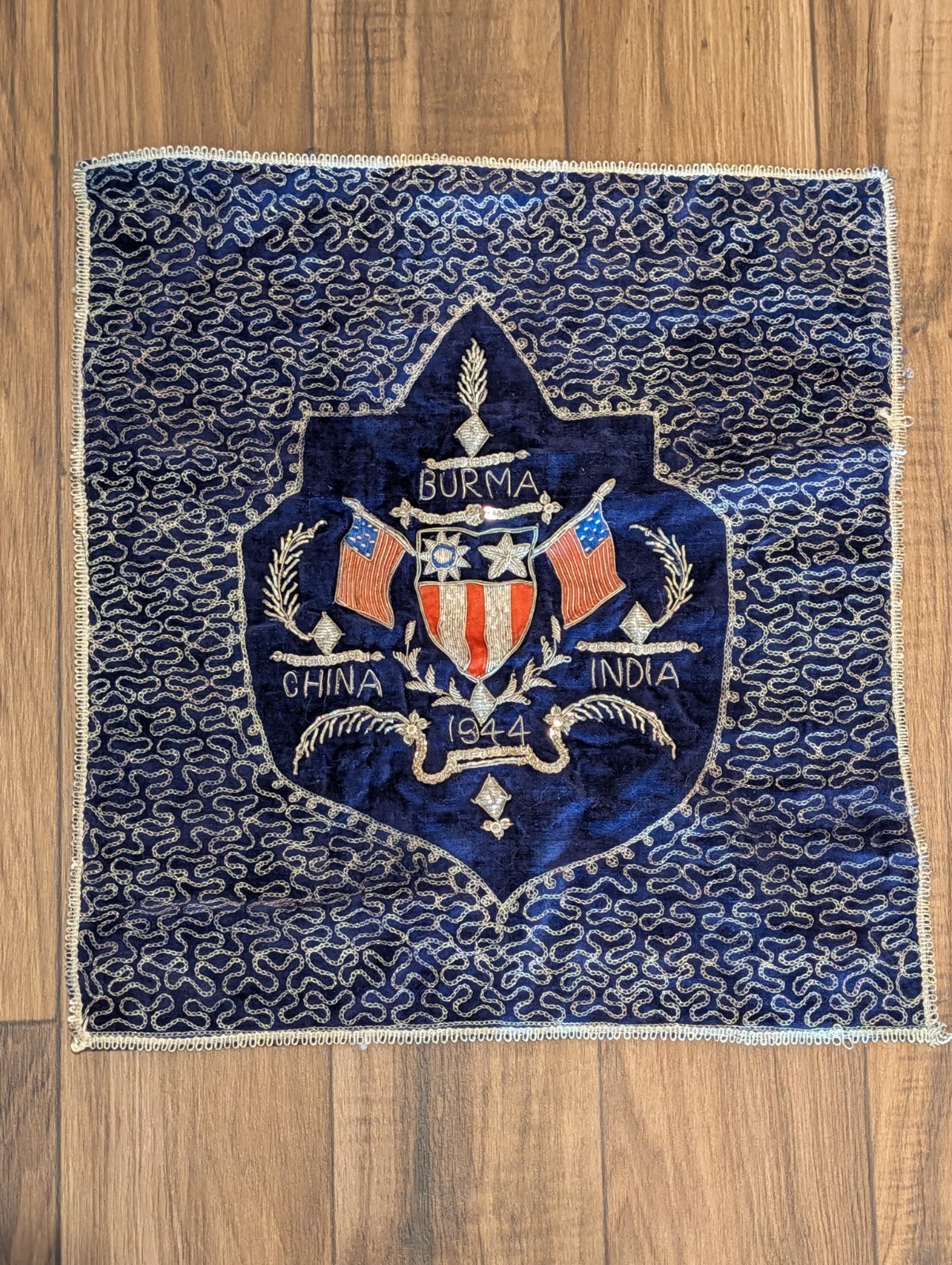 WWII 1944 CBI China Burma India Theater Bullion Embroidered Pillow Panel 18x17