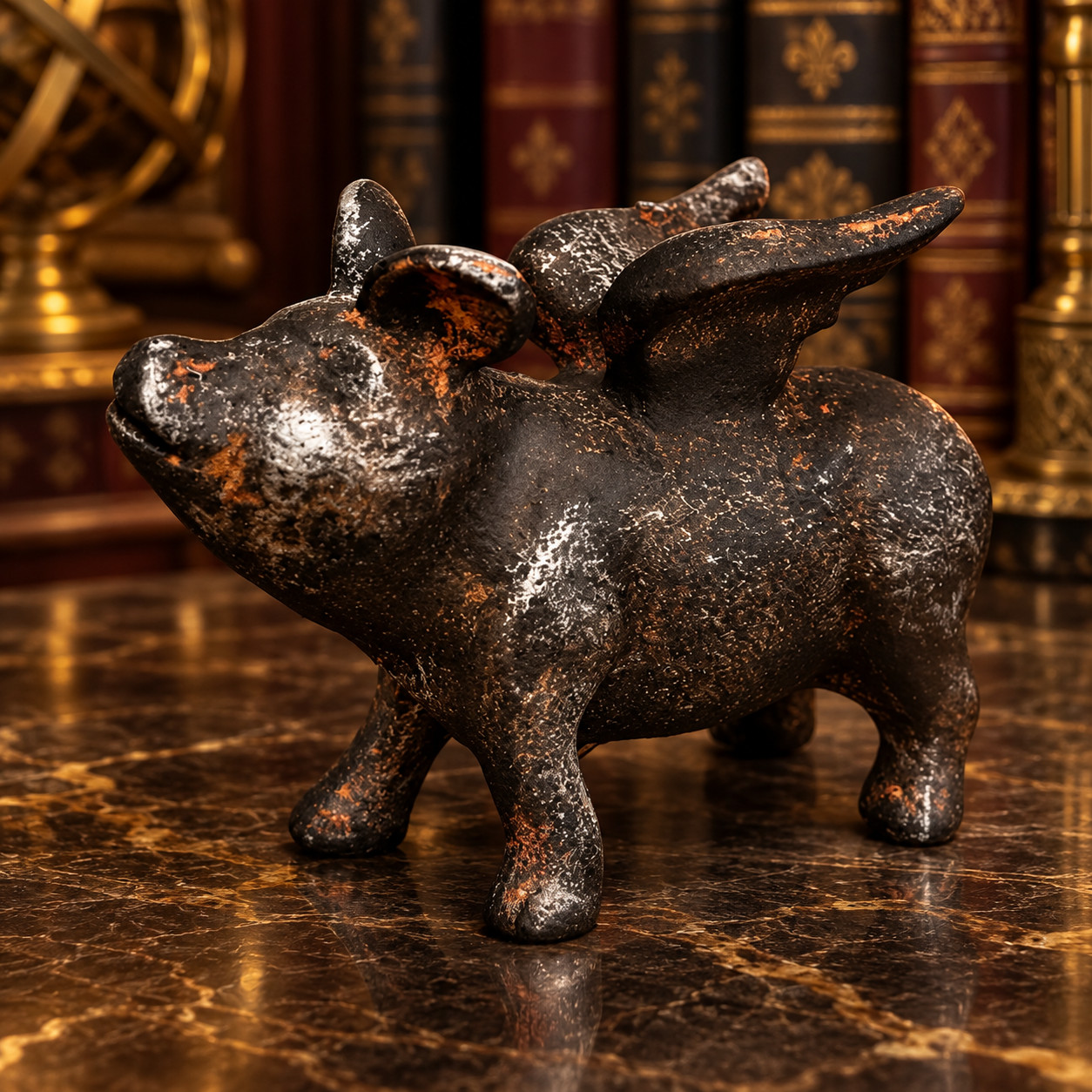 Antique Cast Iron Flying Pig Figurine Vintage  Paperweight or Doorstop Patina