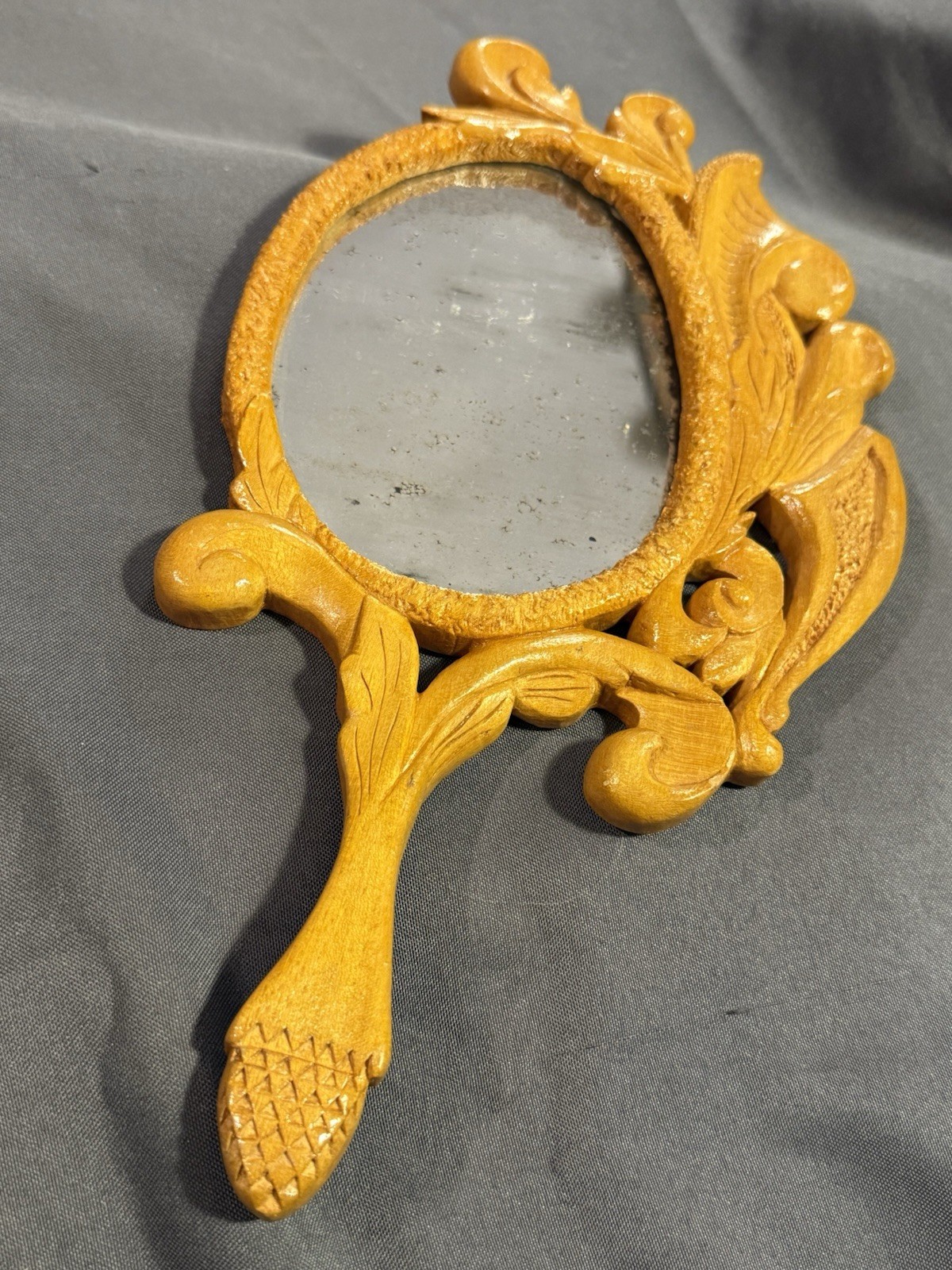 Antique Carved Wooden Victorian Vanity Hand Mirror