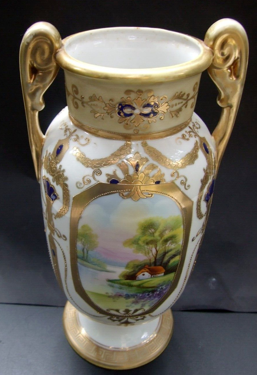 Antique Noritake Japanese Hand Painted Moriage Vase Twin Handle 1920\'s Asian Art Antique Noritake Japanese Hand Painted Moriage Vase Twin Handle 1920\'s Asian Art