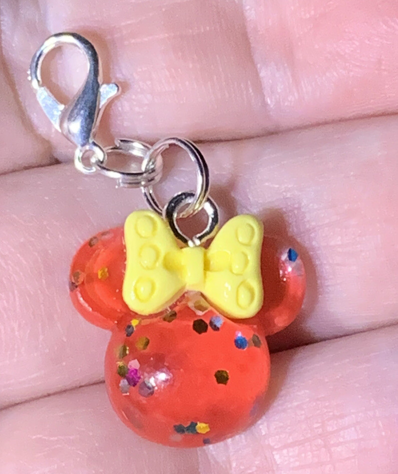 Red Glittery Minnie Mouse Yellow Bowknot Zipper Pull & Keychain Add On Clip