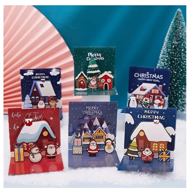 Set of 6 - 3D Pop-Up Christmas Cards -arrange yourself- Santa, Pinguin & Snowman