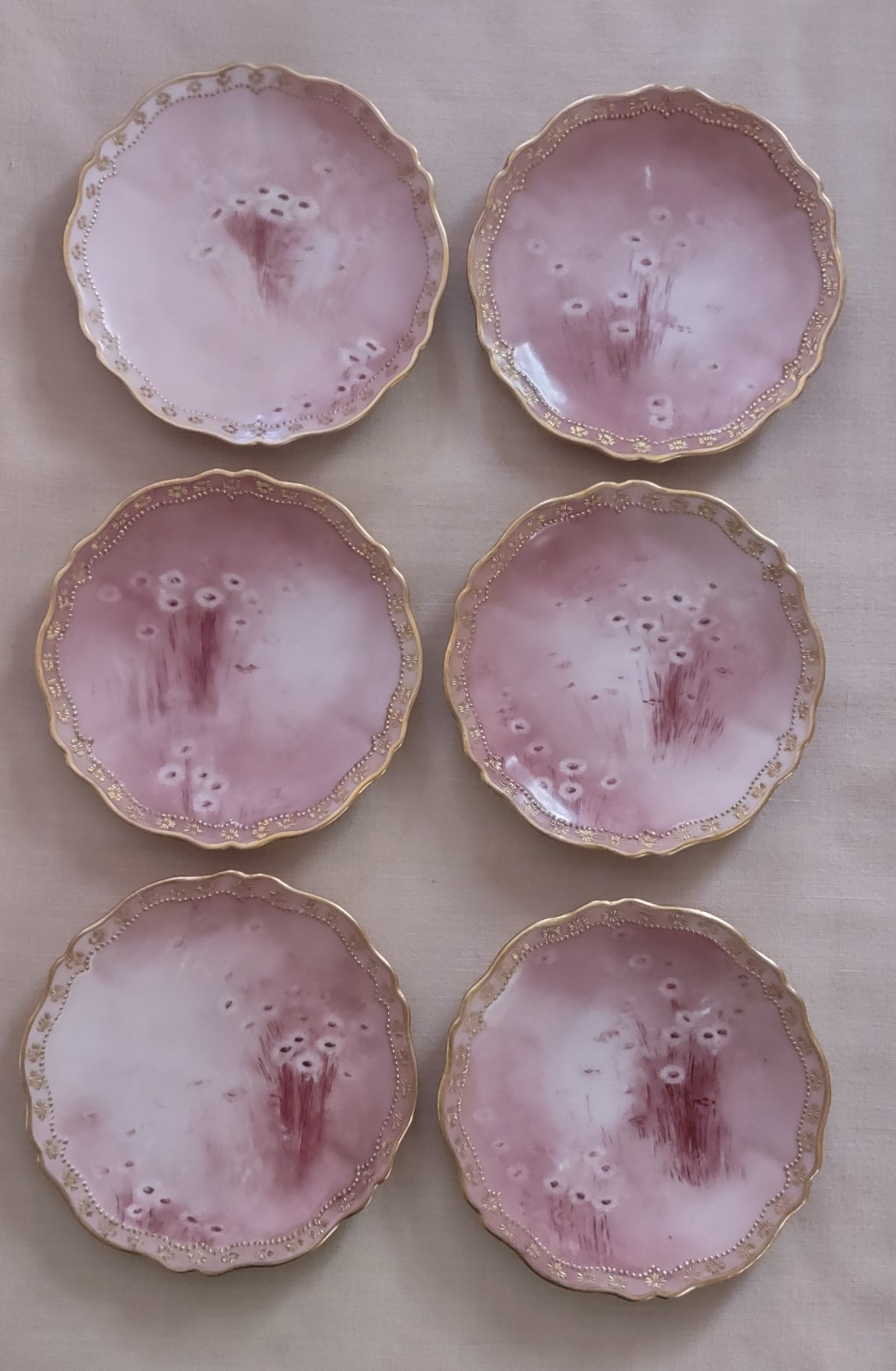Antique O & EG Royal Austria Gold Trim Plates Set of 6, Mauve w/Flowers 6.75 Antique O & EG Royal Austria Gold Trim Plates Set of 6, Mauve w/Flowers 6.75