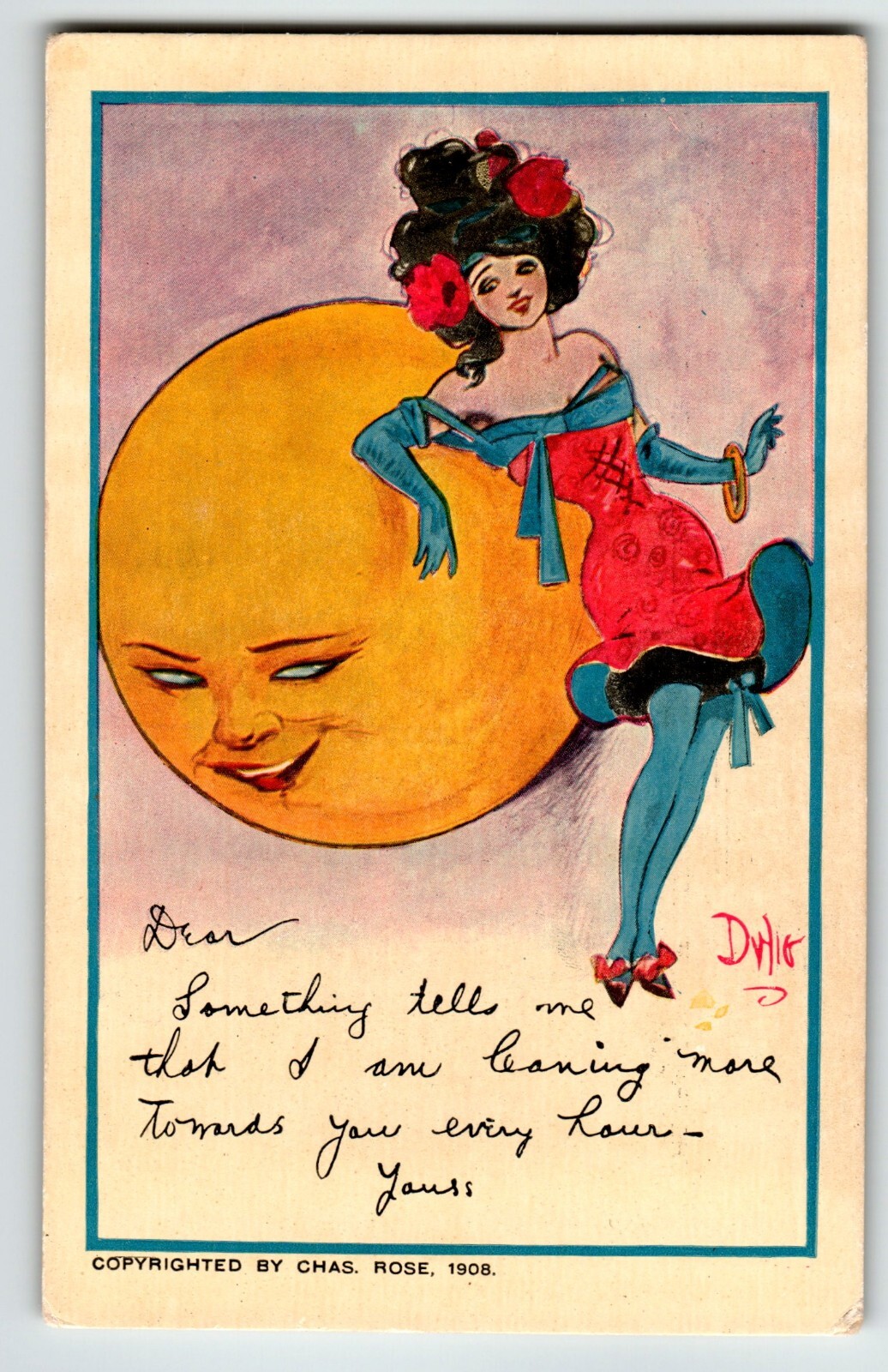 Dwig Signed Postcard Lady Moon Man Human Face Fantasy 1908 Chas Rose Series 21