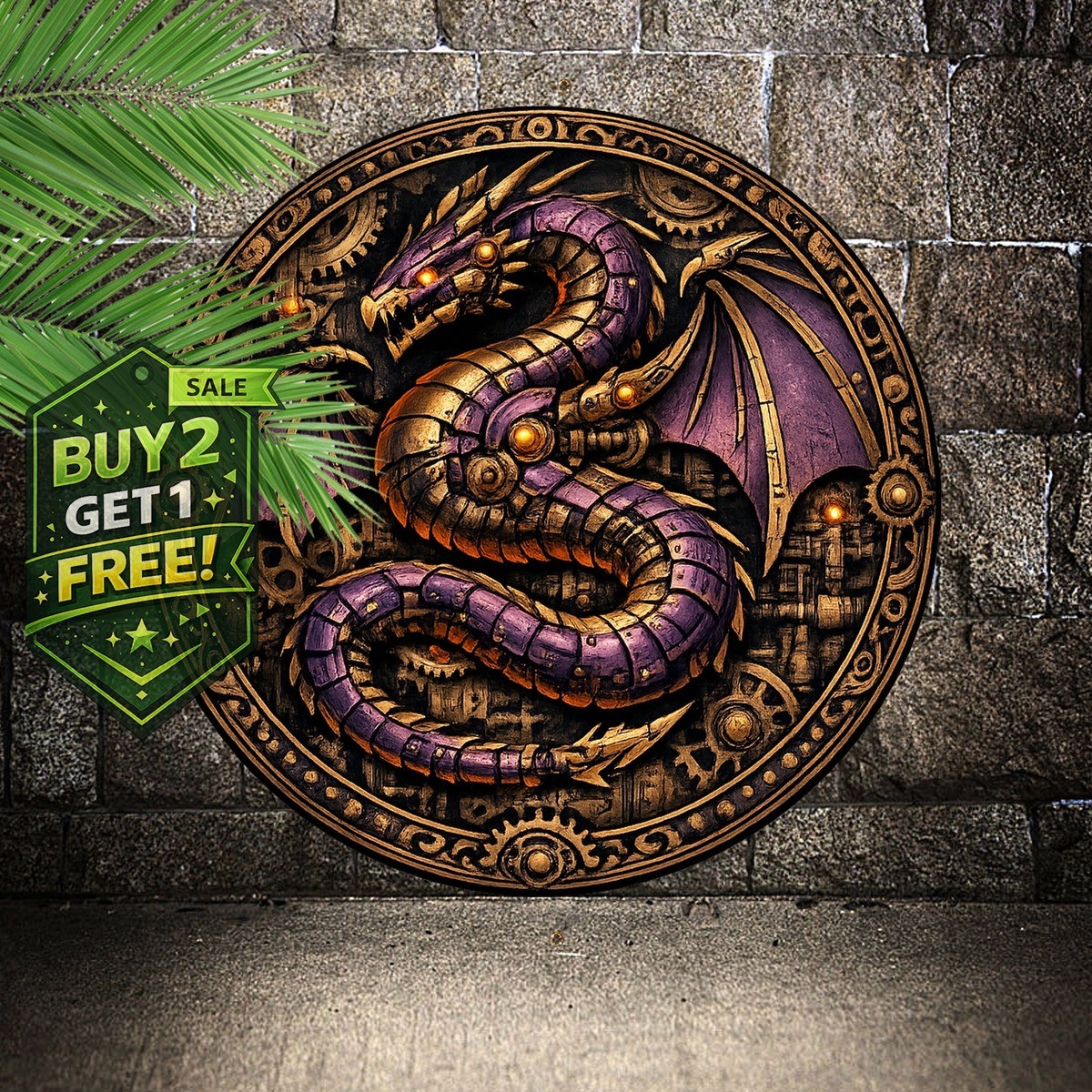 Steampunk Dragon Metal Wall Art Vintage Inspired Purple Decor 8x8