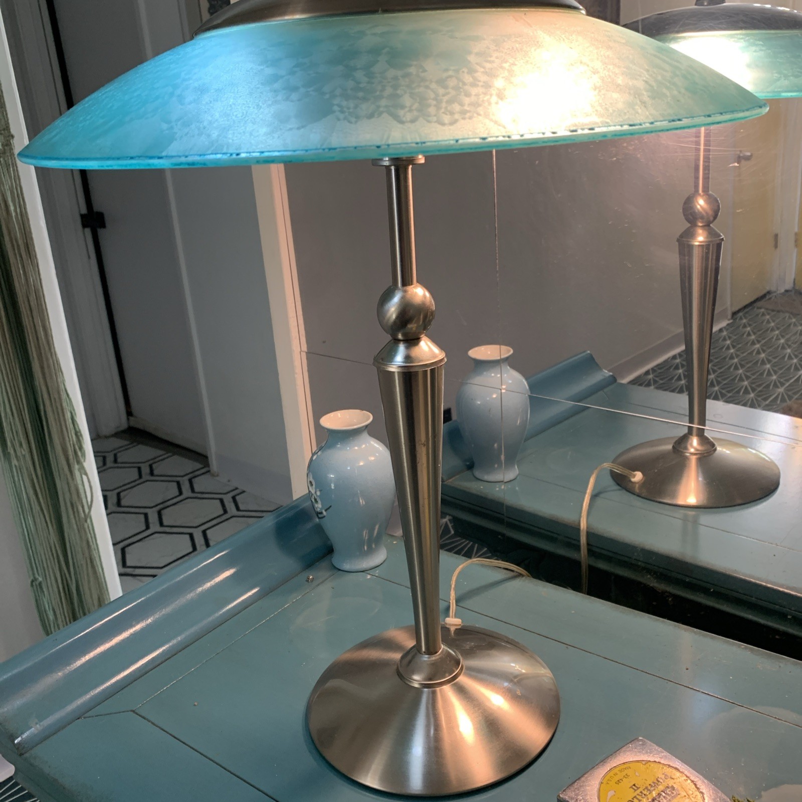 VTG UFO Mushroom Lamp LS-569 Art DecoTeal Saucer Shade Space AgeCord Switch 2002