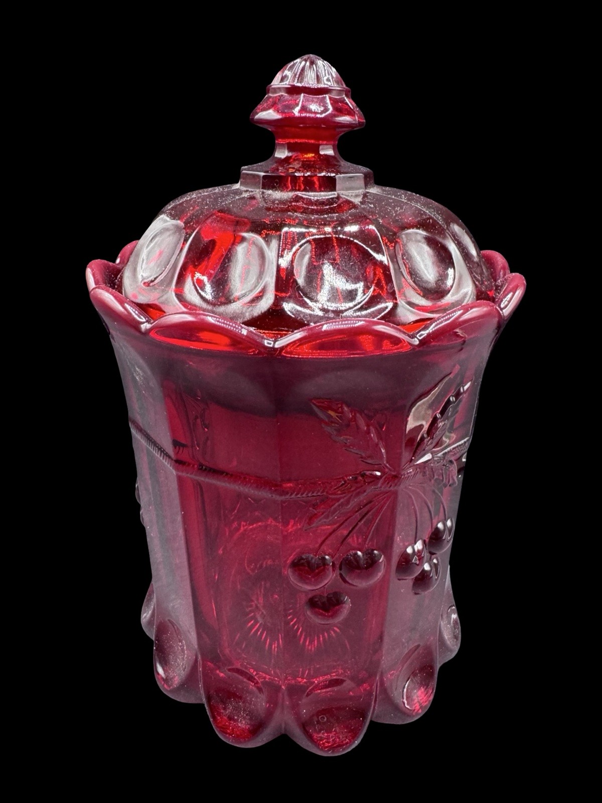 Mosser Glass Ruby Red Cherry Thumbprint Covered Canister Jar 9.5\ Mosser Glass Ruby Red Cherry Thumbprint Covered Canister Jar 9.5\