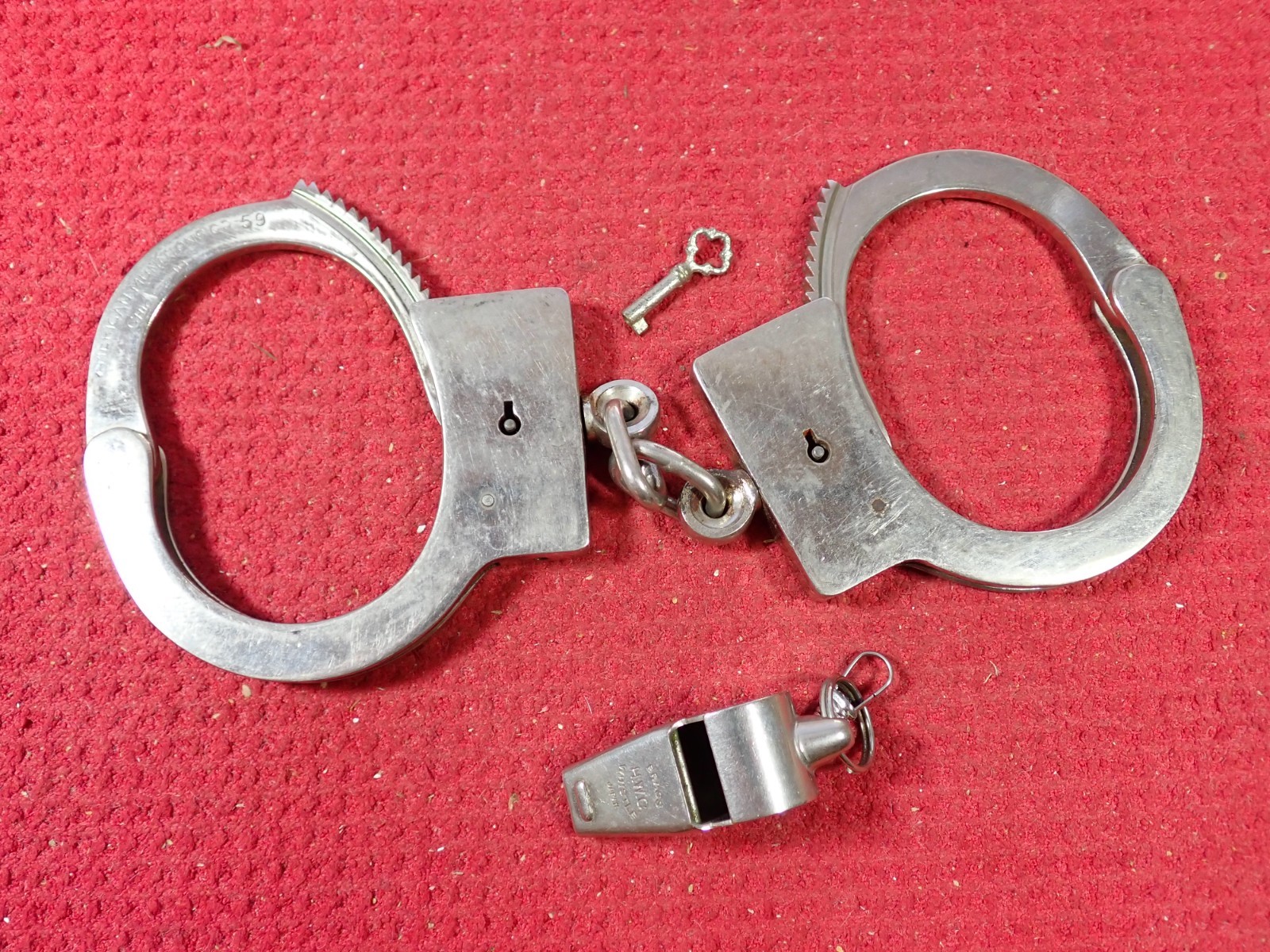 Vintage Pre 1962 American Munitions Handcuffs & H. W. C. Brass Whistle