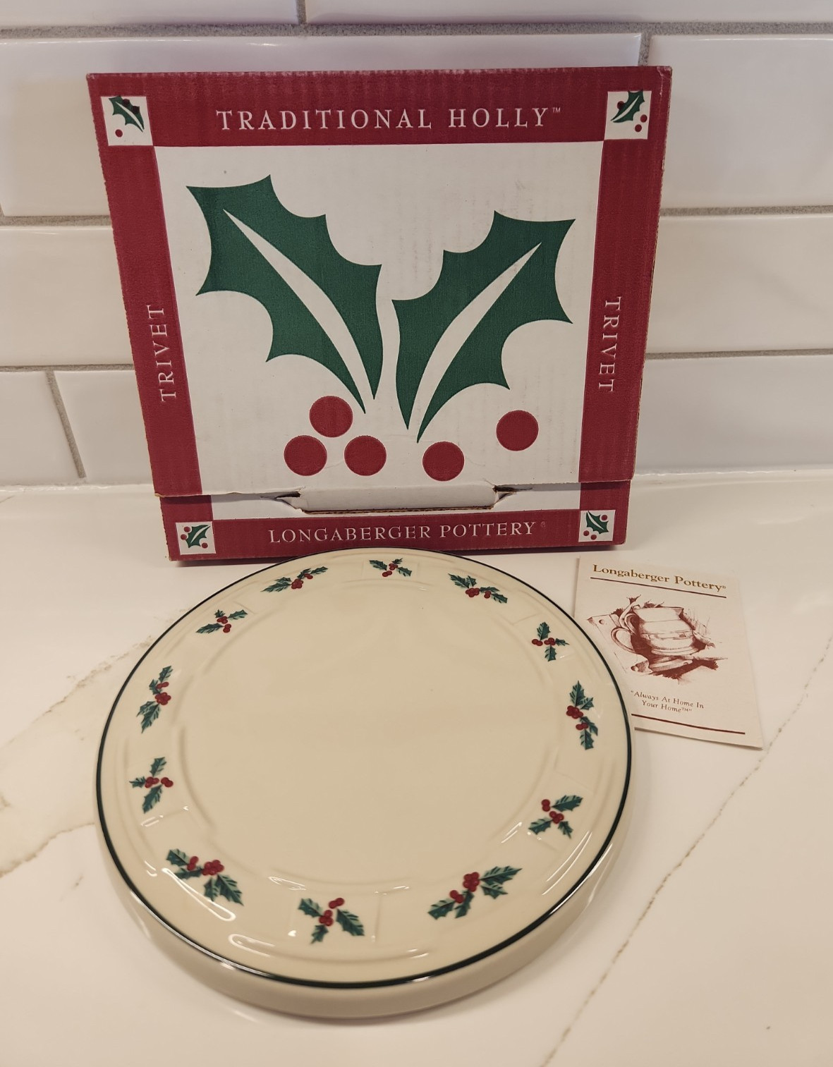 Longaberger Pottery Traditional Holly Christmas Trivet 31941 Box 1996 New 8.5\