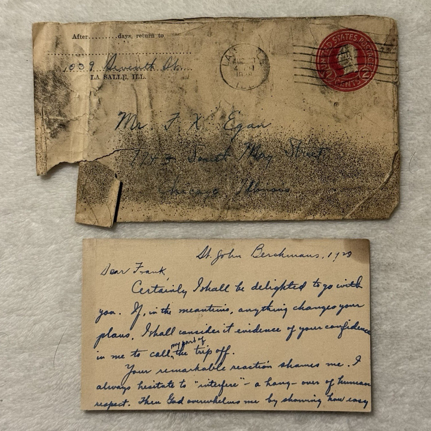 1913 Handwritten Letter & Envelope La Salle IL to Chicago – Early Correspondence