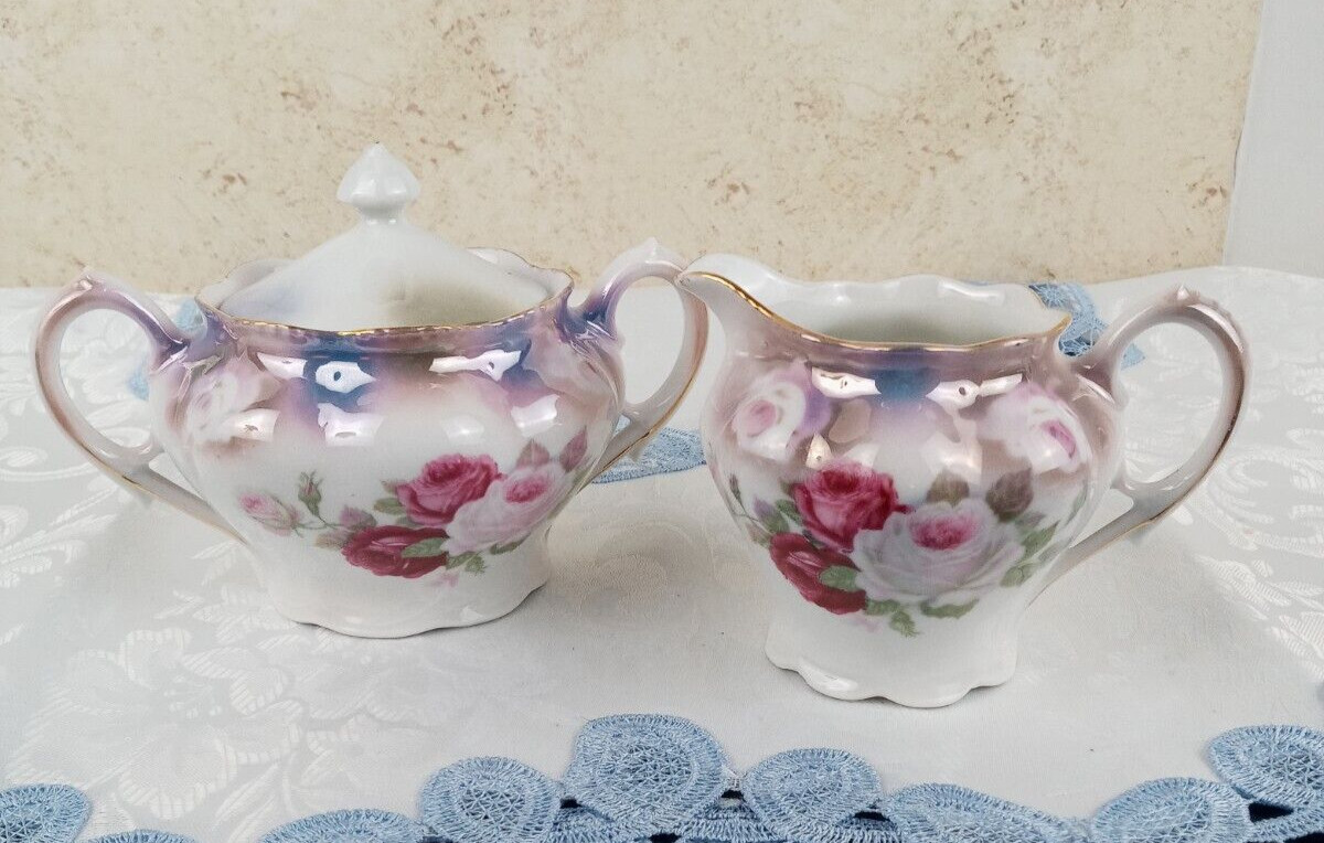 Vintage 1925-1936 Schirnding PS AG Creamer and Covered Sugar Bowl Set Roses Gold