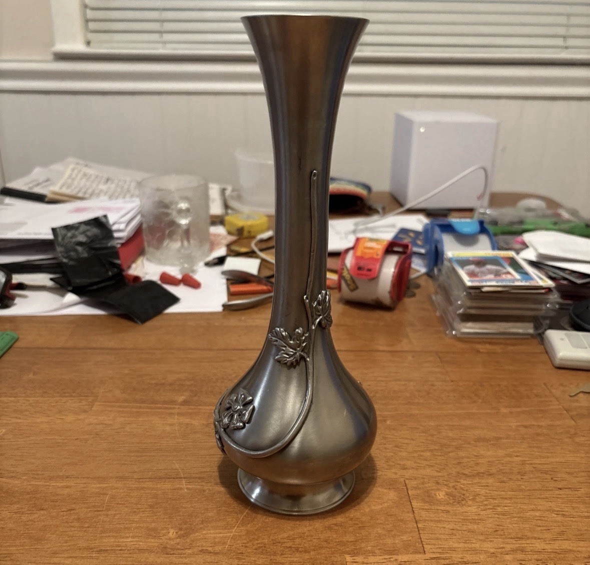 1971 King’s Pewter Thailand Floral Design Bud Vase 9.5” Tall