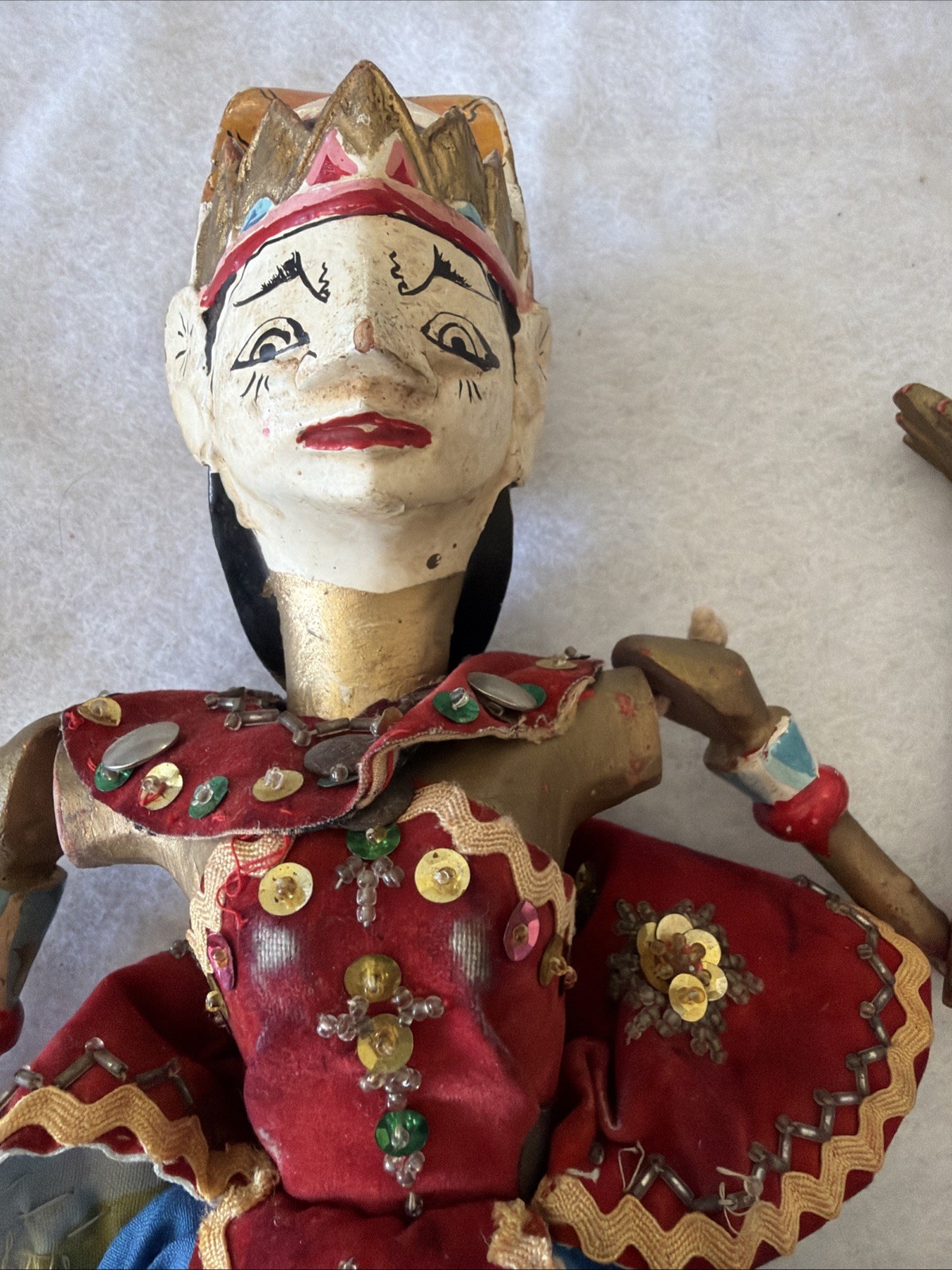 Vintage Indonesian Wayang Golek Princess Puppet Carved Wood Rod Doll Sequin