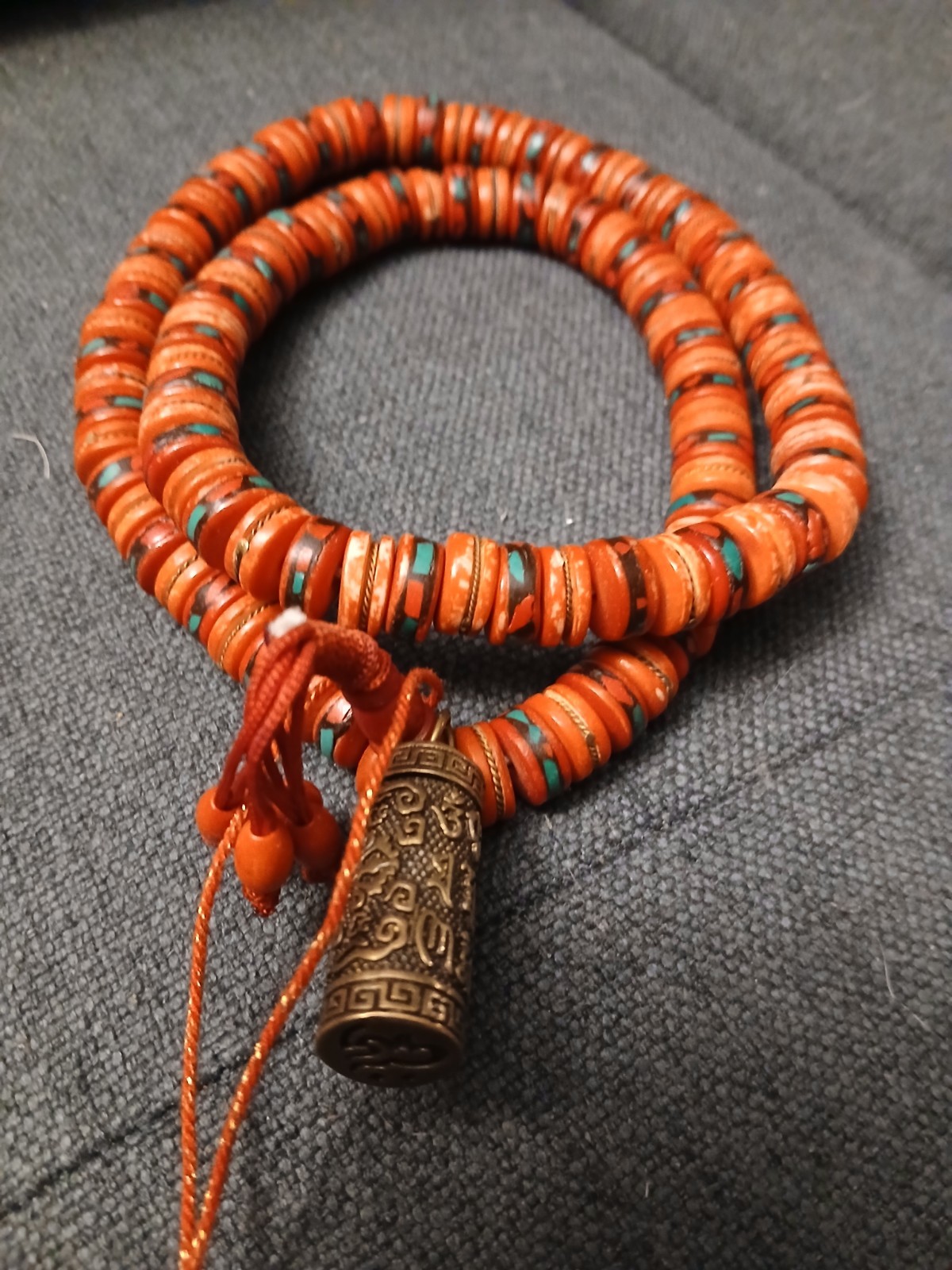 Artisan Made Tibetan Style Prayer Mala 108 Red Bone Beads Brass Mantra Pendant